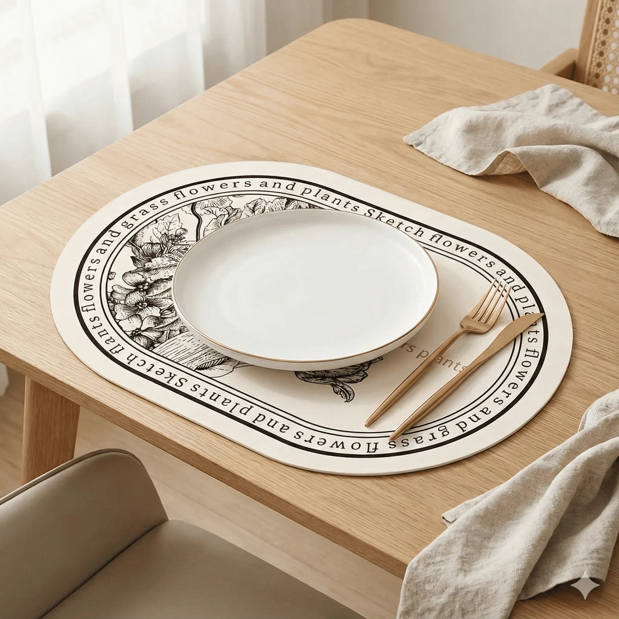 Oval Waterproof Table Mat PU Leather Floral Placemat 4 Pieces