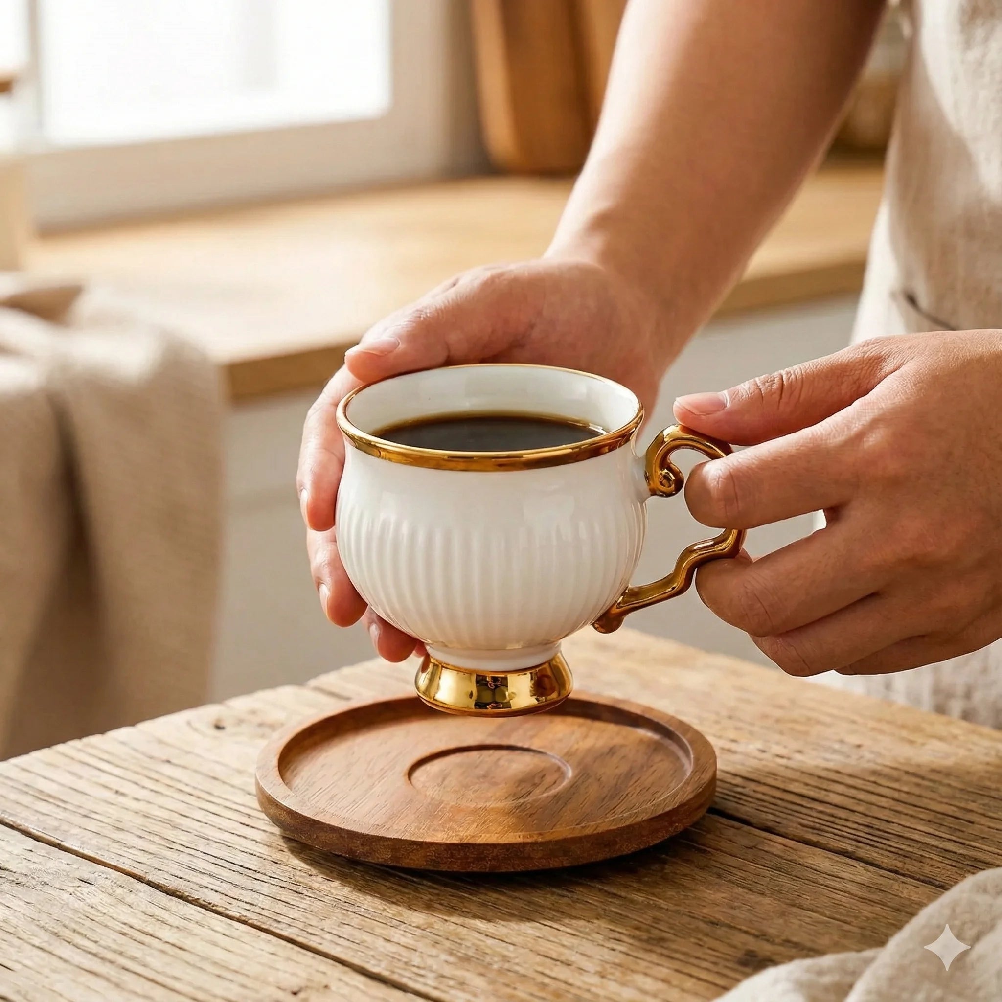 Ceramic Espresso Cups with Wooden Saucers 6 Cups 6 Saucers