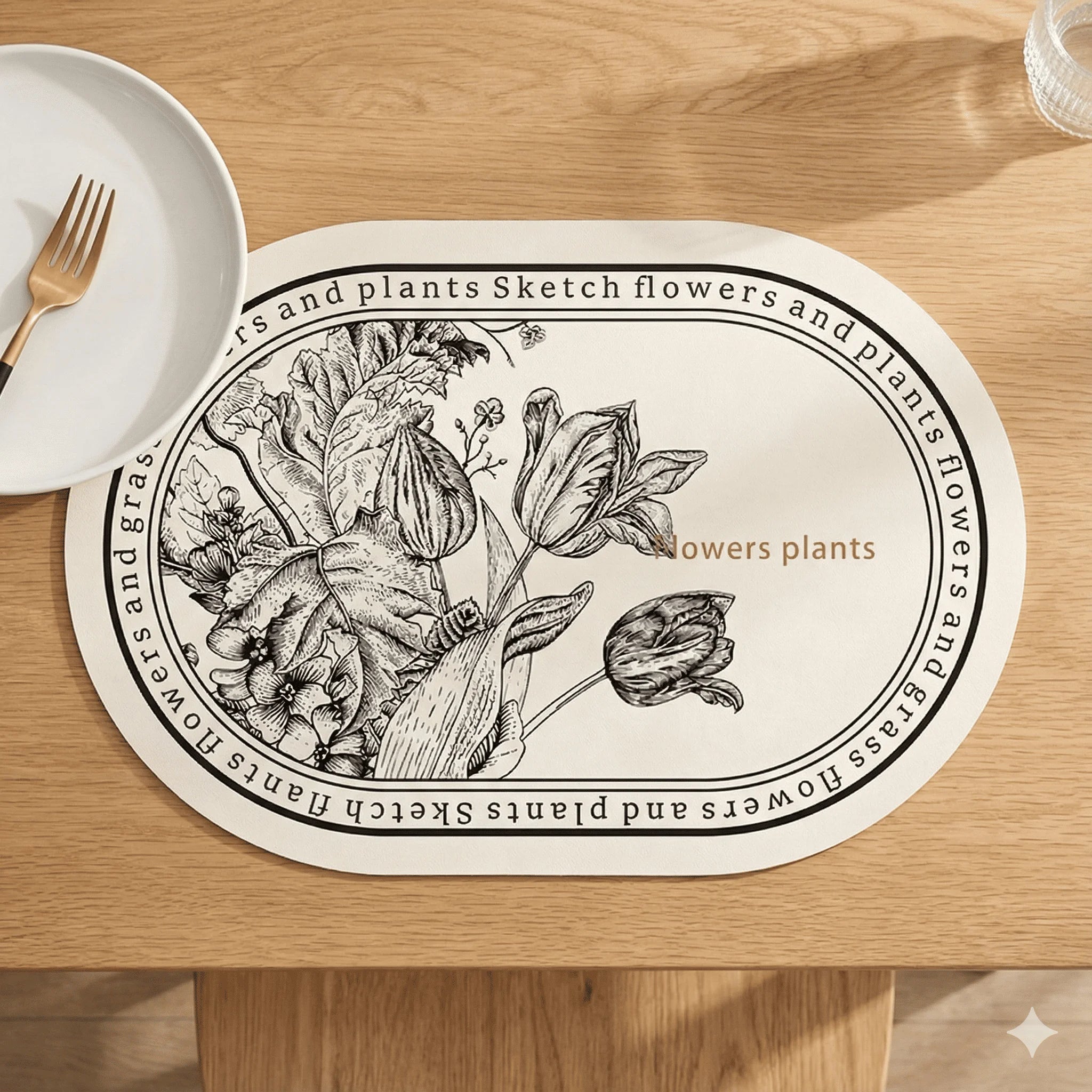 Oval Waterproof Table Mat PU Leather Floral Placemat 4 Pieces