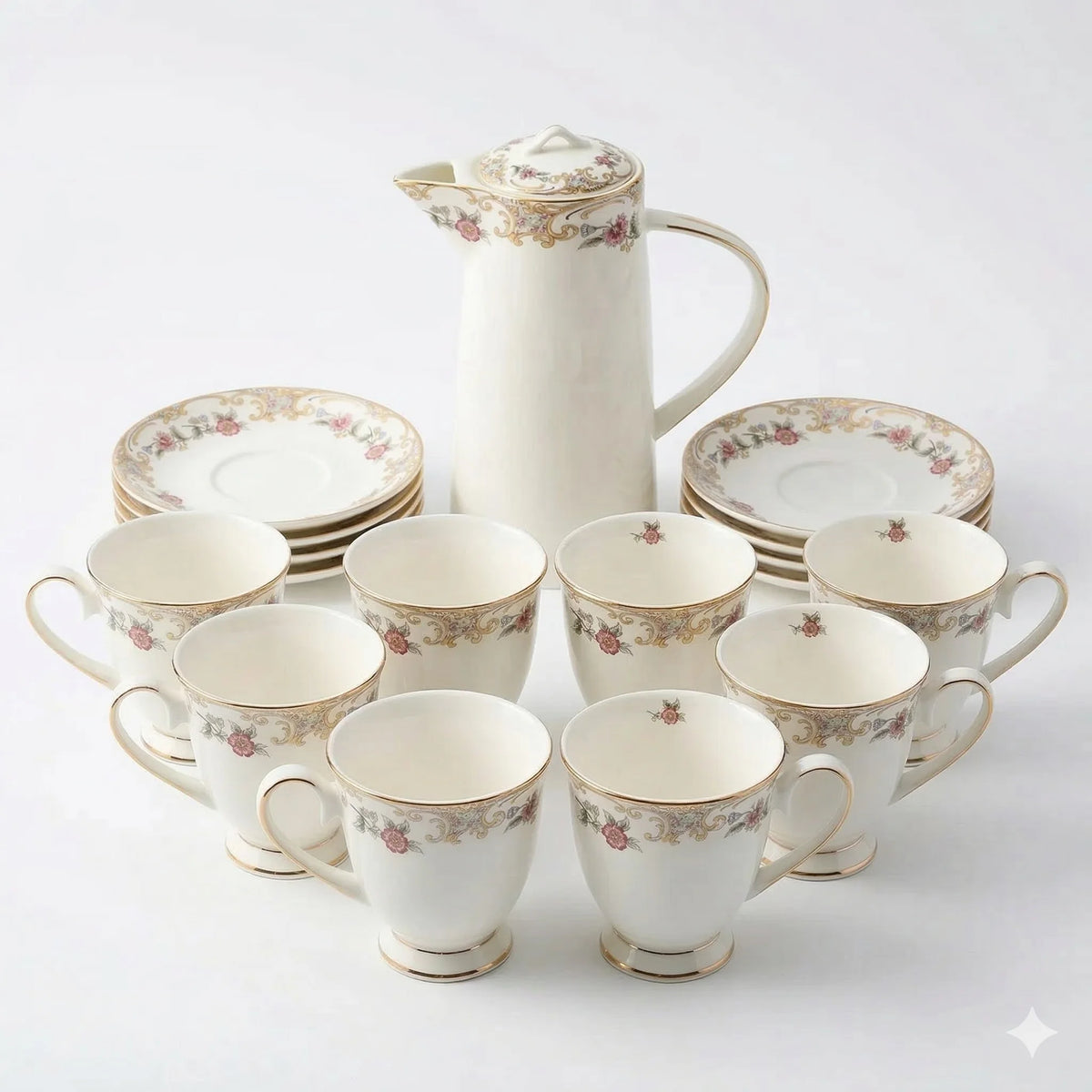 Bone China Tea Set with 8 Cups Saucers Teapot and Stand