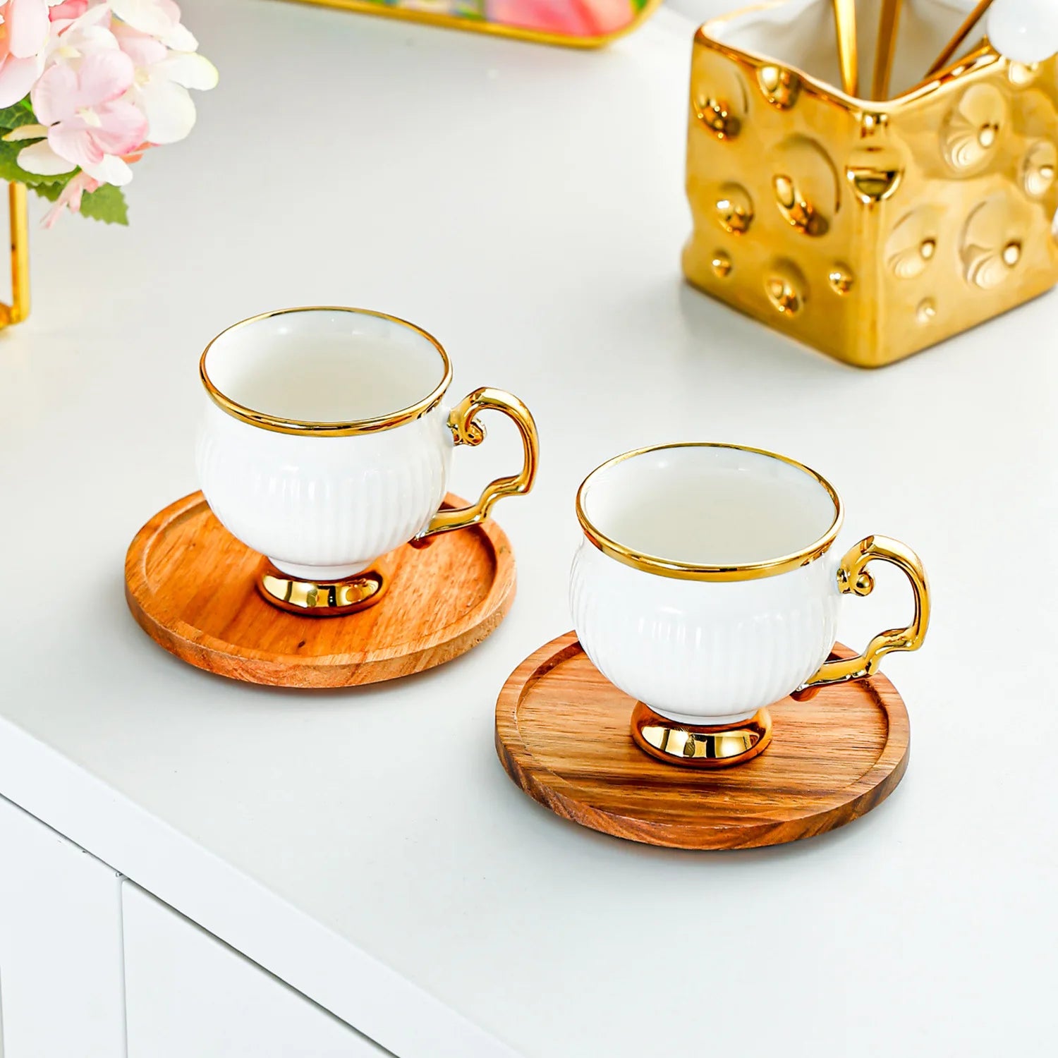 Ceramic Espresso Cups with Wooden Saucers 6 Cups 6 Saucers