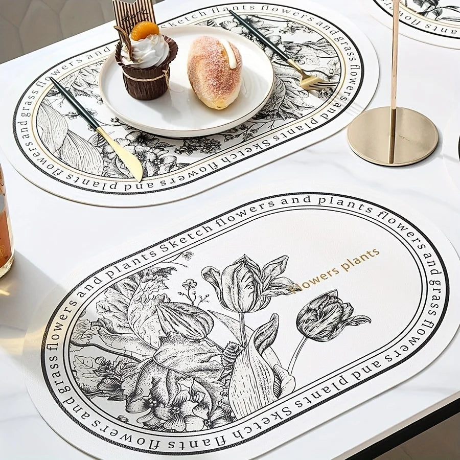 Oval Floral PU Leather Table Placemats 4 Pieces