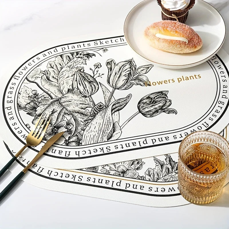 Oval Floral PU Leather Table Placemats 4 Pieces