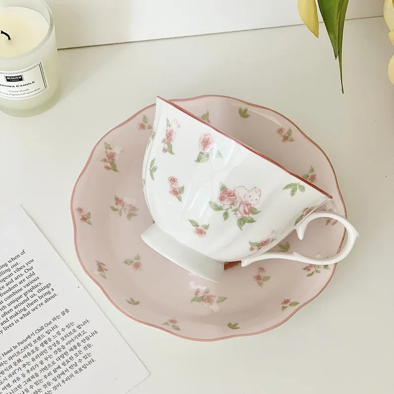 French Pink Rabbit Coffee Cup and Saucer Set