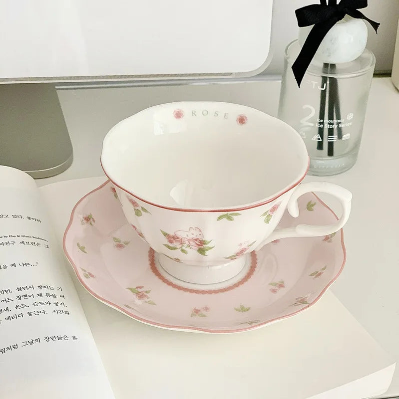 French Pink Rabbit Coffee Cup and Saucer Set