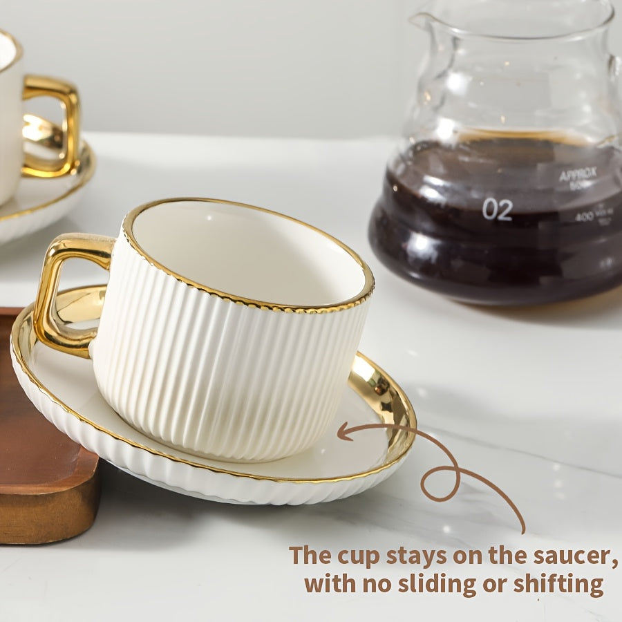 Ribbed Ceramic Coffee Cup and Saucer, Gold Rim, 300 ml, view 3