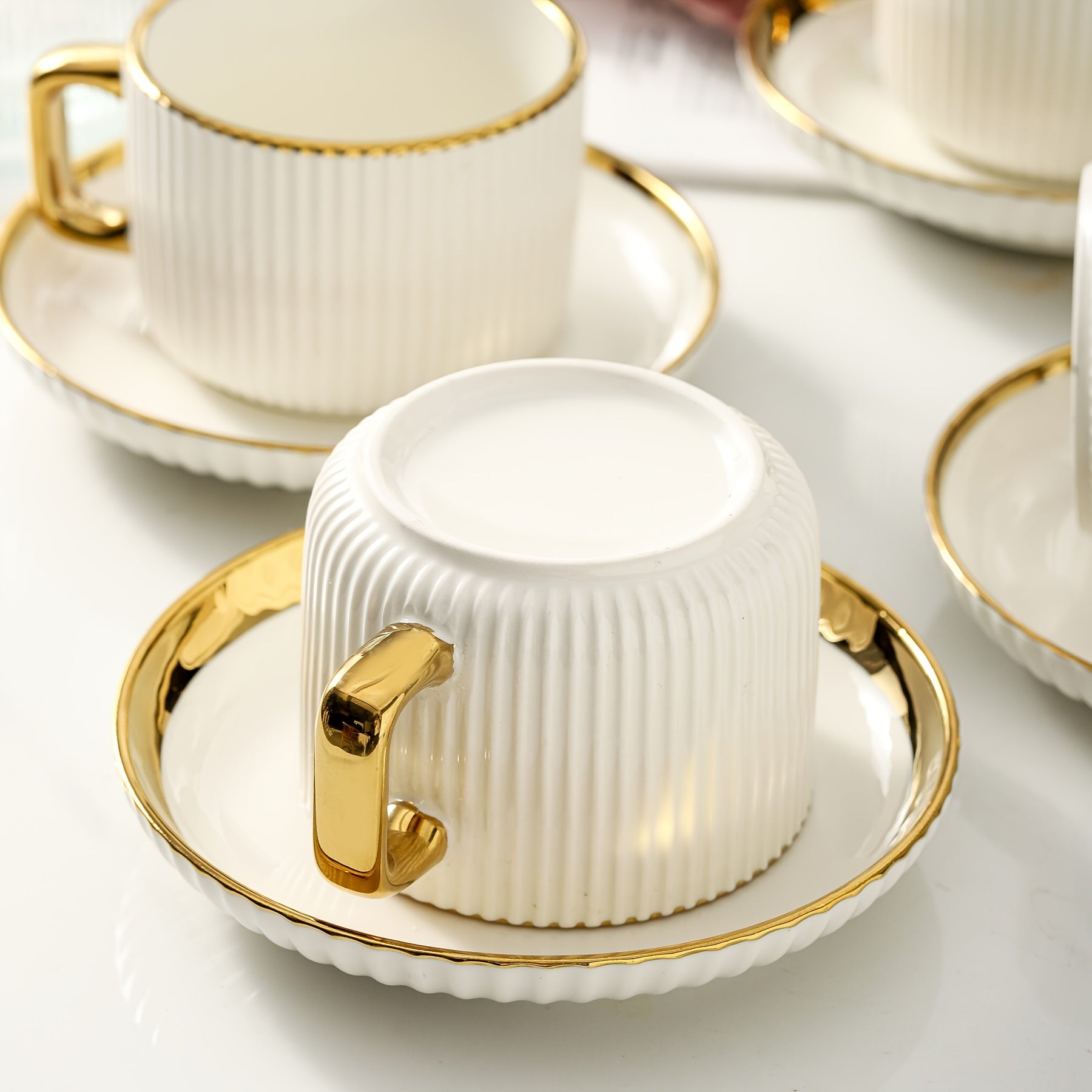 Ribbed Ceramic Coffee Cup and Saucer, Gold Rim, 300 ml, view 2