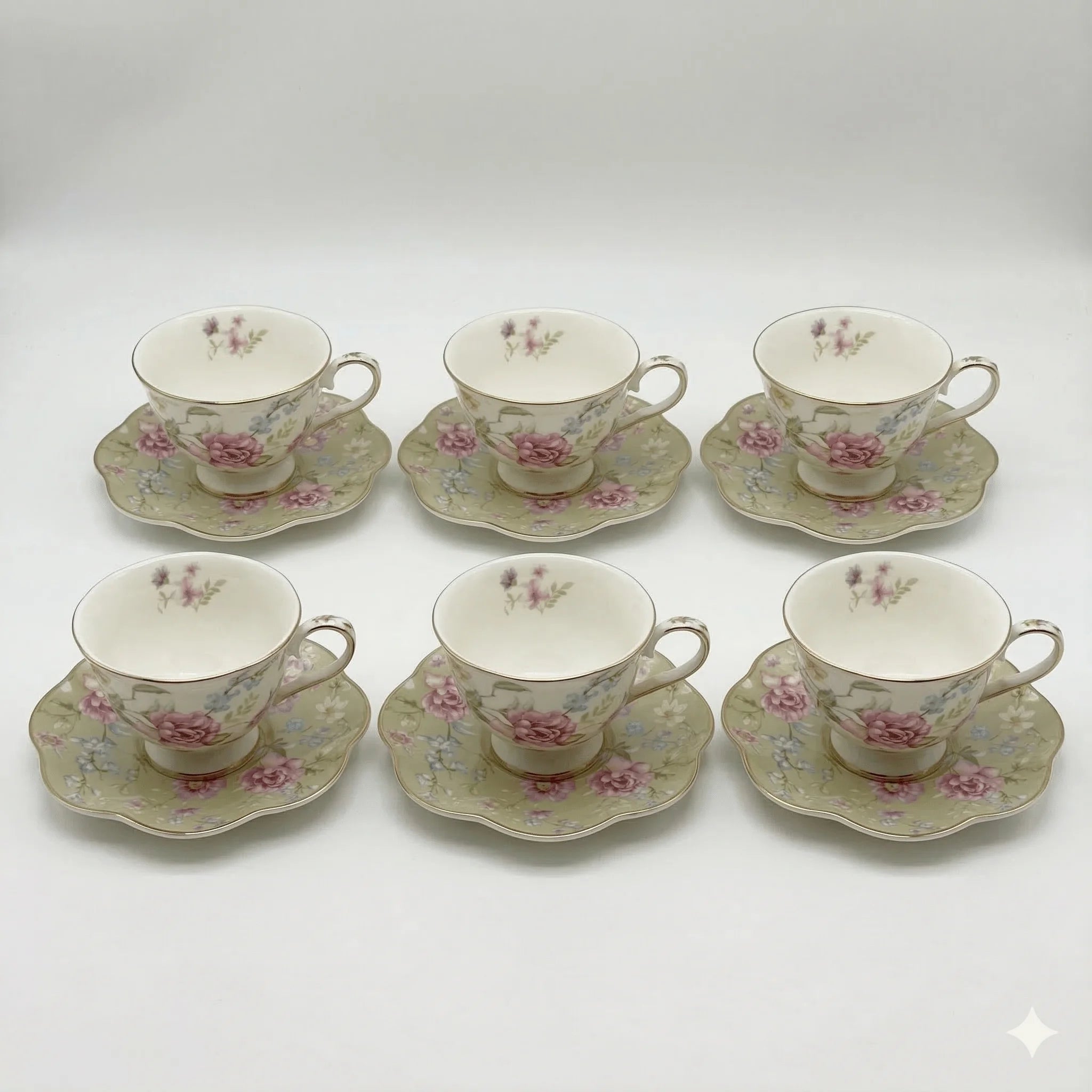 Floral Ceramic Espresso Cups and Saucers Set of 6, Gold Rim, 90 ml in Flower