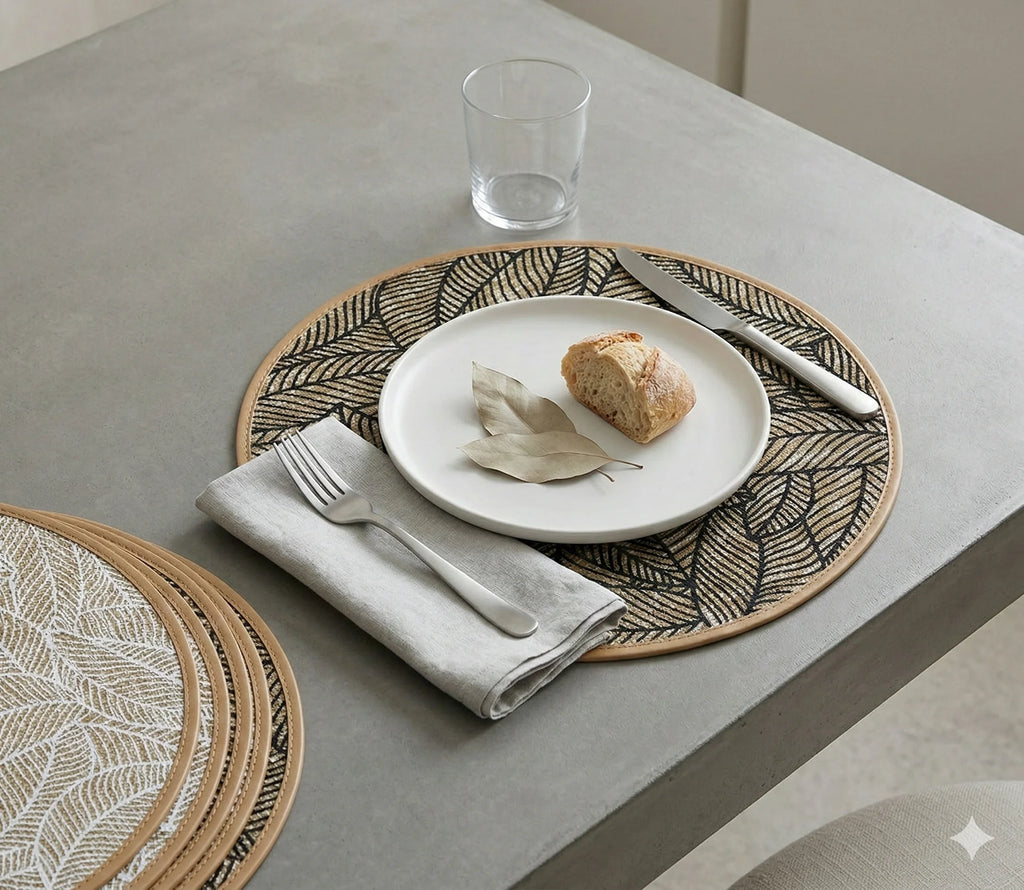 Round Linen Table Mats, Bohemian Leaf Print, Set of 6, view 5