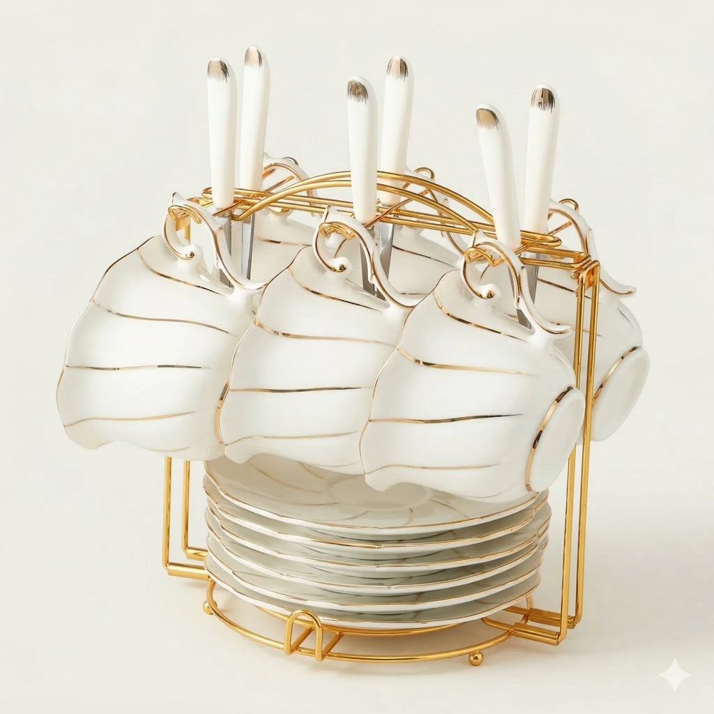 Coffee Cups, Saucers, Spoons and Display Rack Set for 6 in White