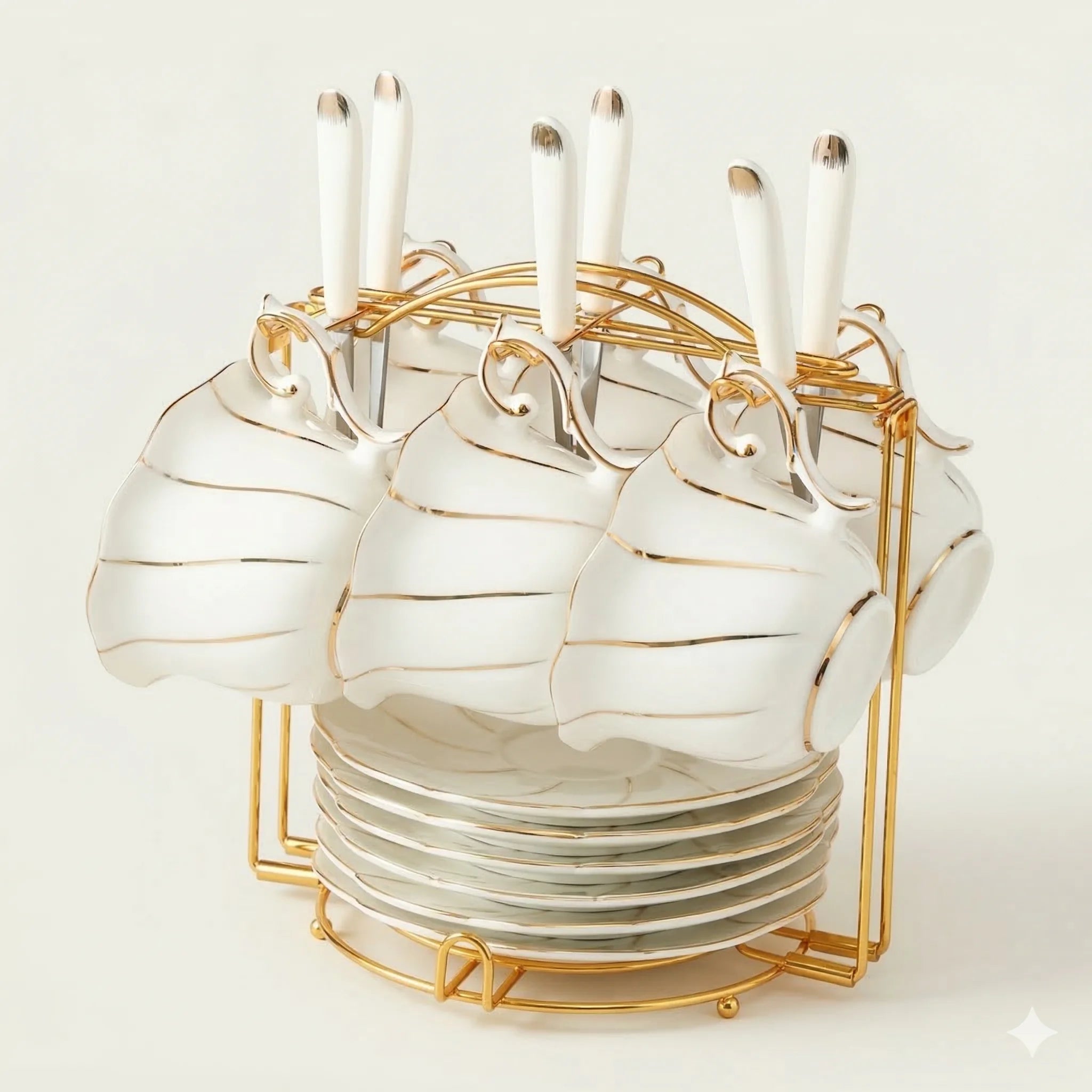 Coffee Cups, Saucers, Spoons and Display Rack Set for 6 in White