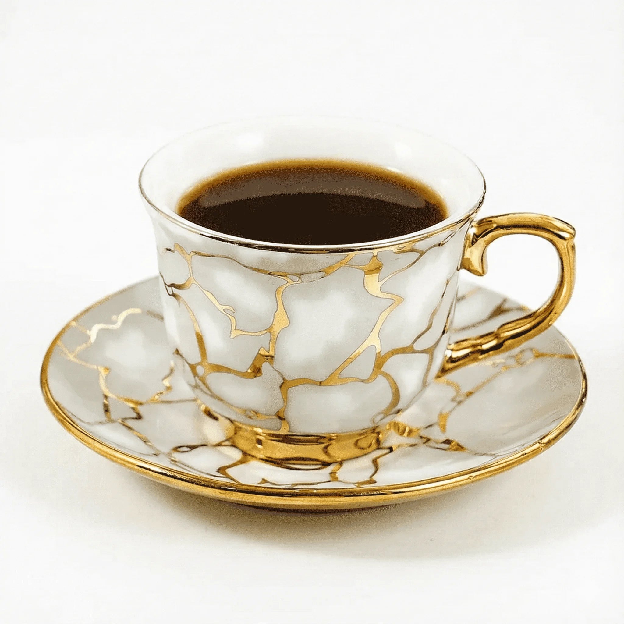 Ceramic Espresso Cups and Saucers Set of 6, Gold Detail, 100 ml