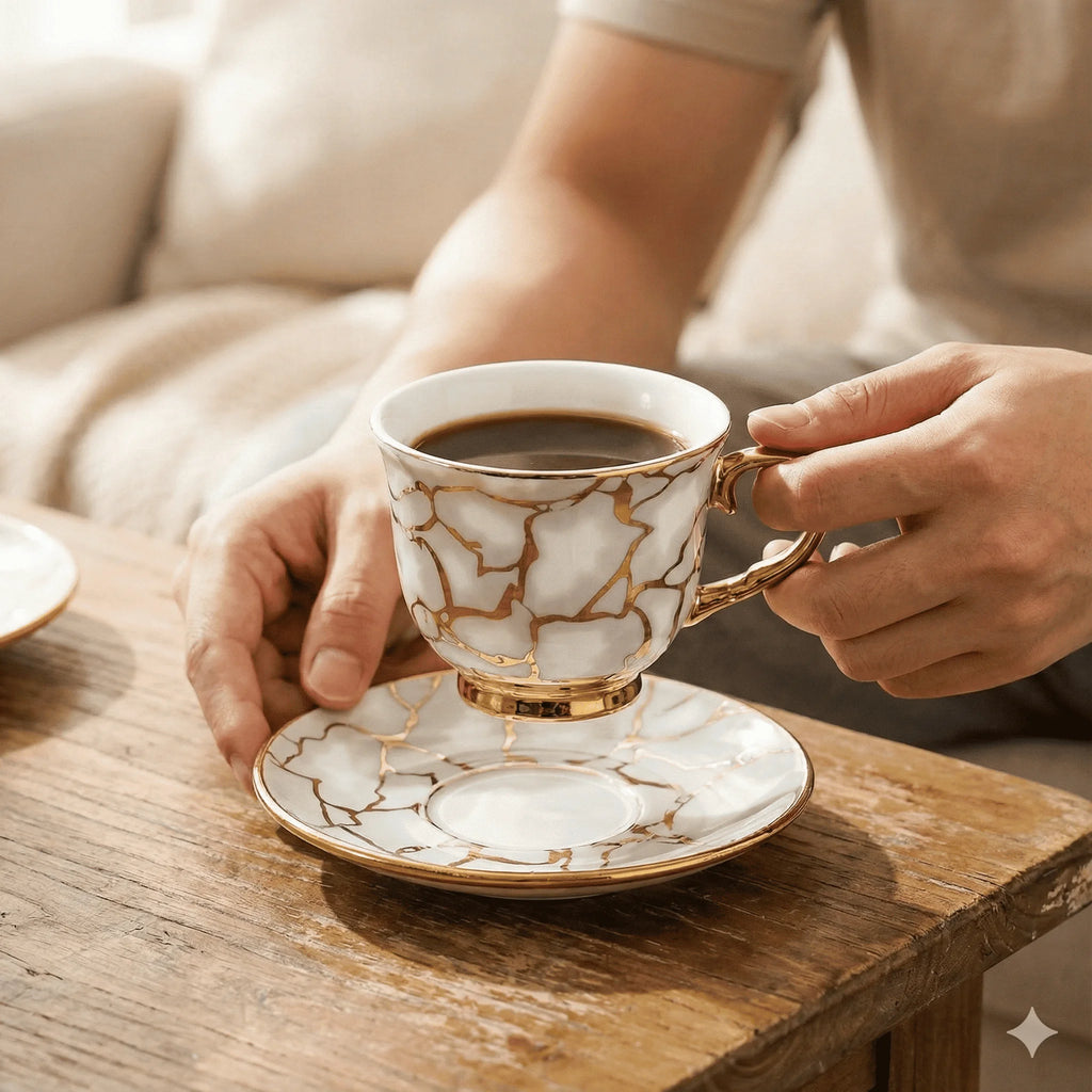 Ceramic Espresso Cups and Saucers Set of 6, Gold Detail, 100 ml, view 3