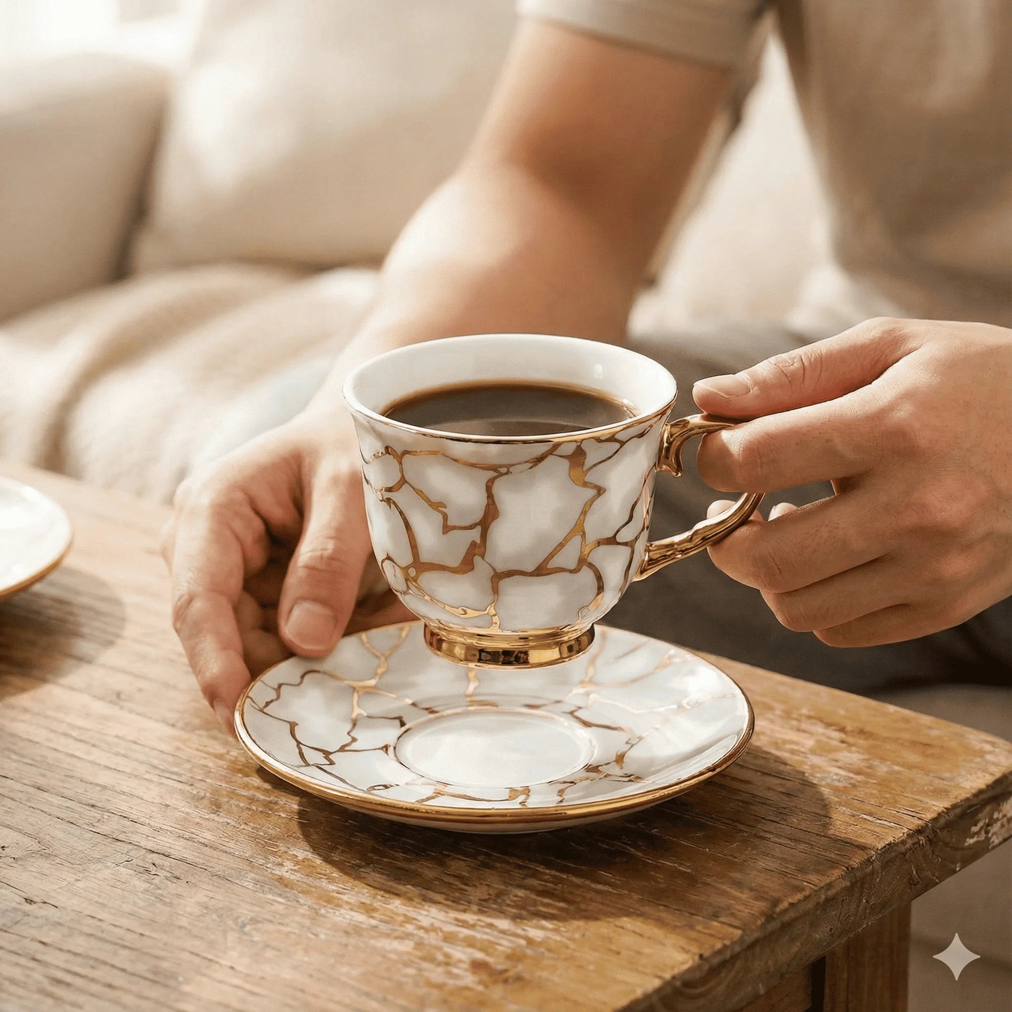 Ceramic Espresso Cups and Saucers Set of 6, Gold Detail, 100 ml, view 3