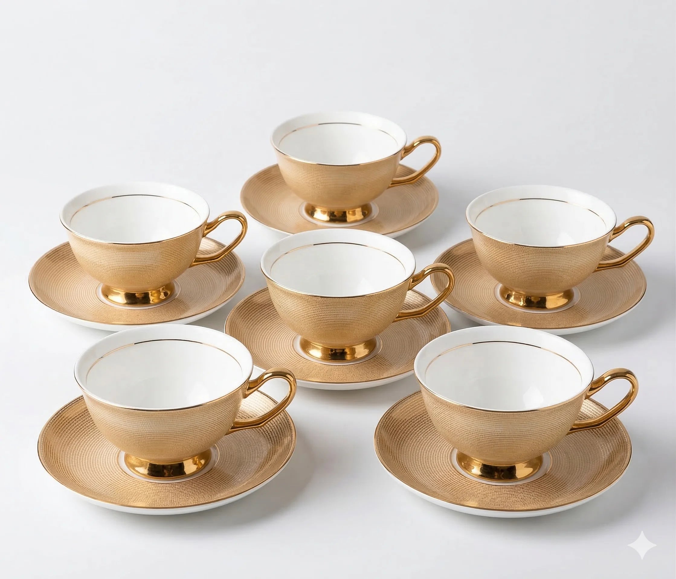 Bone China Coffee Cups and Saucers Set of 6, With Spoons in Gold