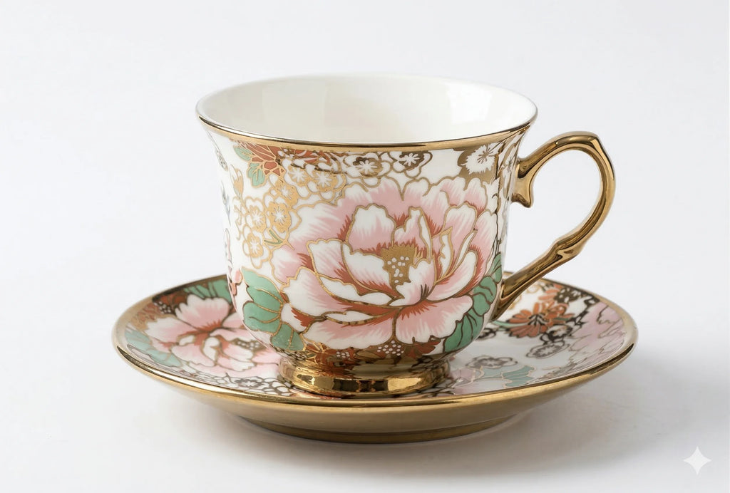 Porcelain Coffee Cups, Saucers and Spoons Set of 6, Floral Gold, view 4