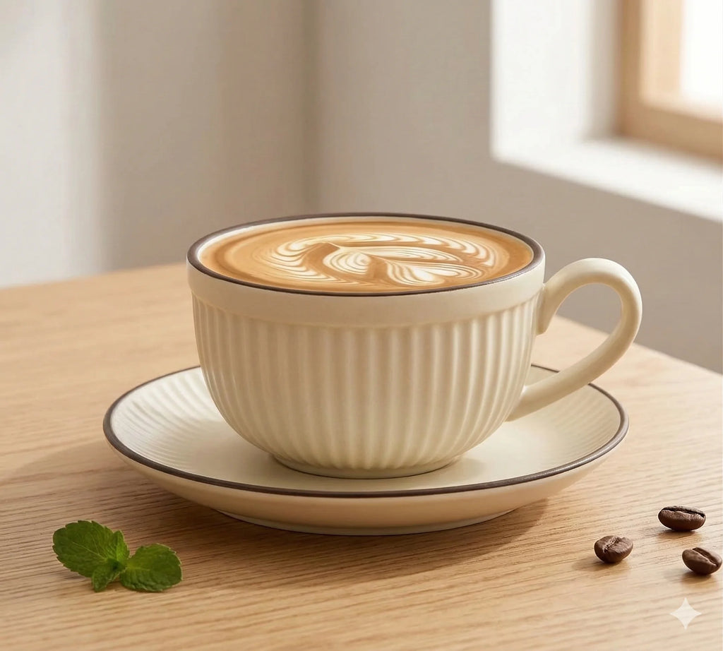Ceramic Latte Cup and Saucer Set, Ribbed Design, 300 ml, view 3