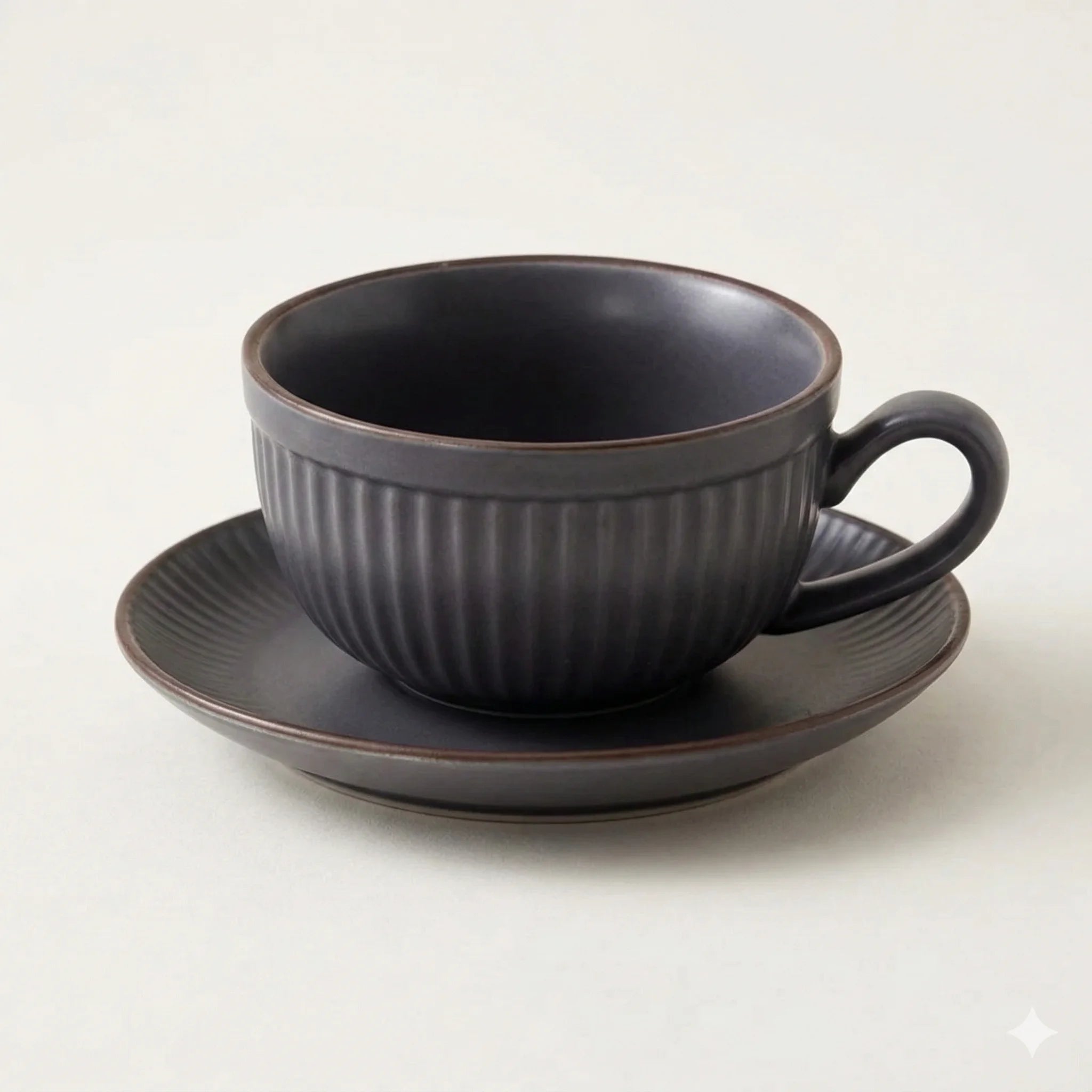 Ceramic Latte Cup and Saucer Set, Ribbed Design, 300 ml in Grey