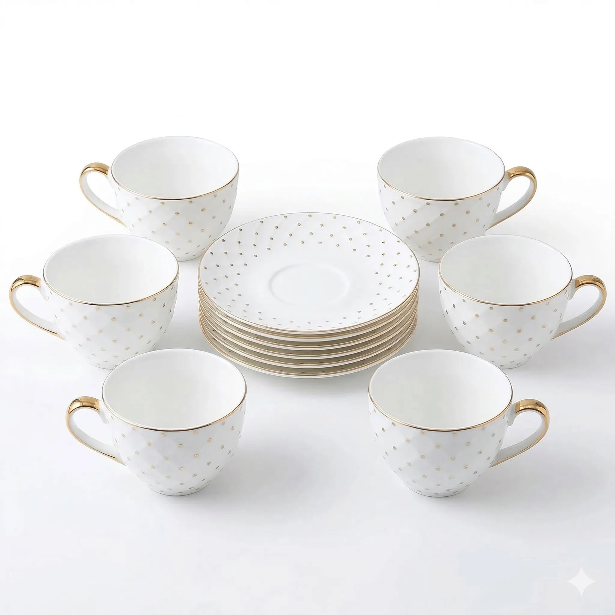 Hand Painted Bone China Cups and Saucers Set of 6, 200 ml in White