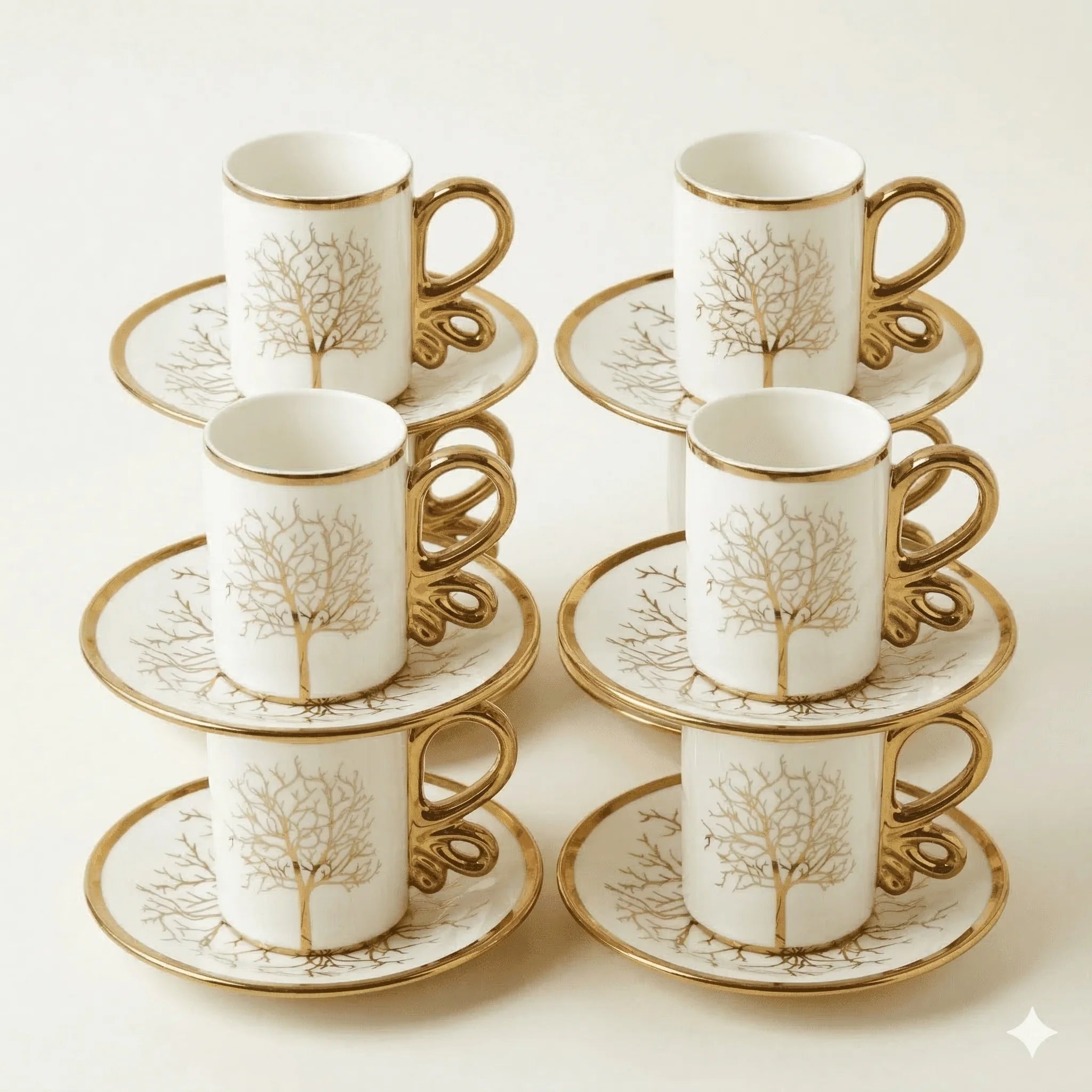 White Ceramic Coffee Cups and Saucers Set of 6, Gold Detail, 200 ml in Gold