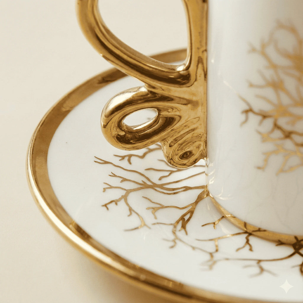 White Ceramic Coffee Cups and Saucers Set of 6, Gold Detail, 200 ml, view 2