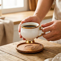 Ceramic Espresso Cups with Wooden Saucers Set of 6