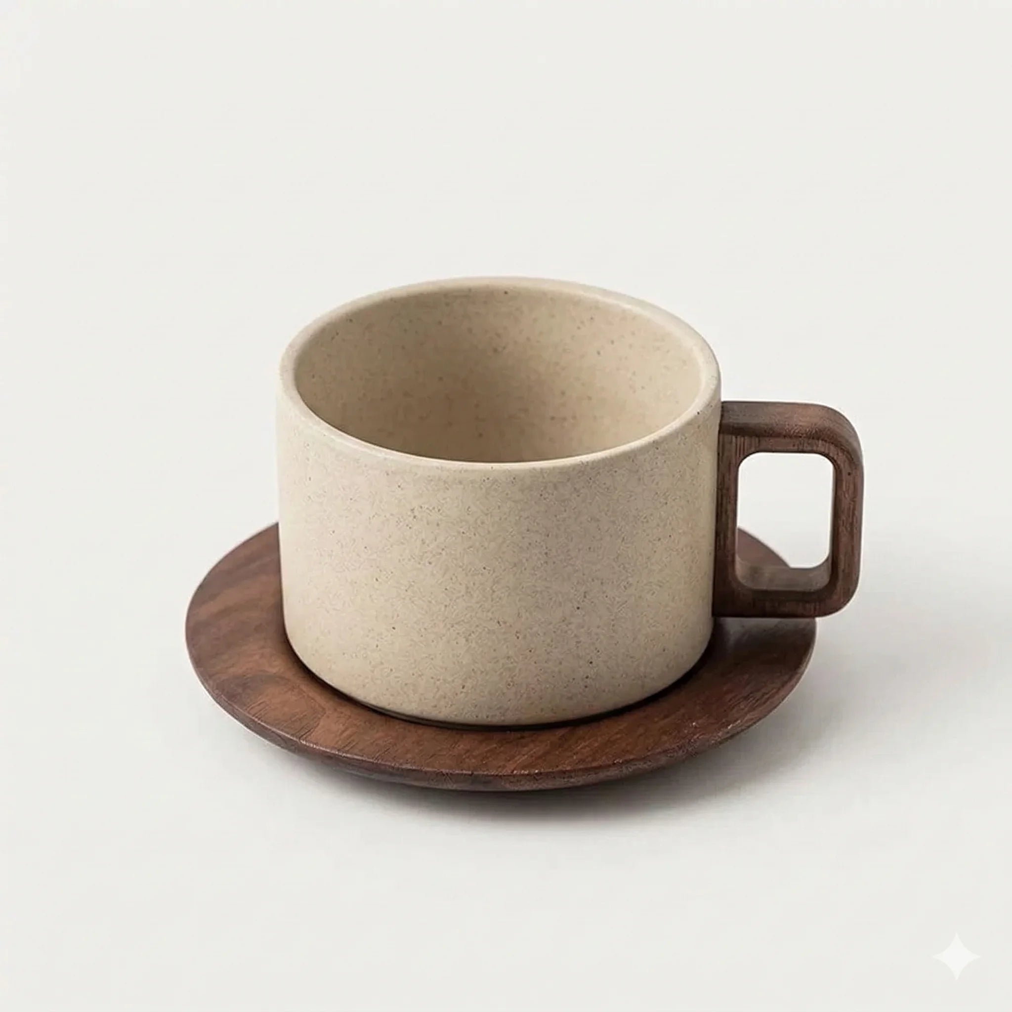 Porcelain Coffee Cup and Saucer Set with Wooden Handle in Beige