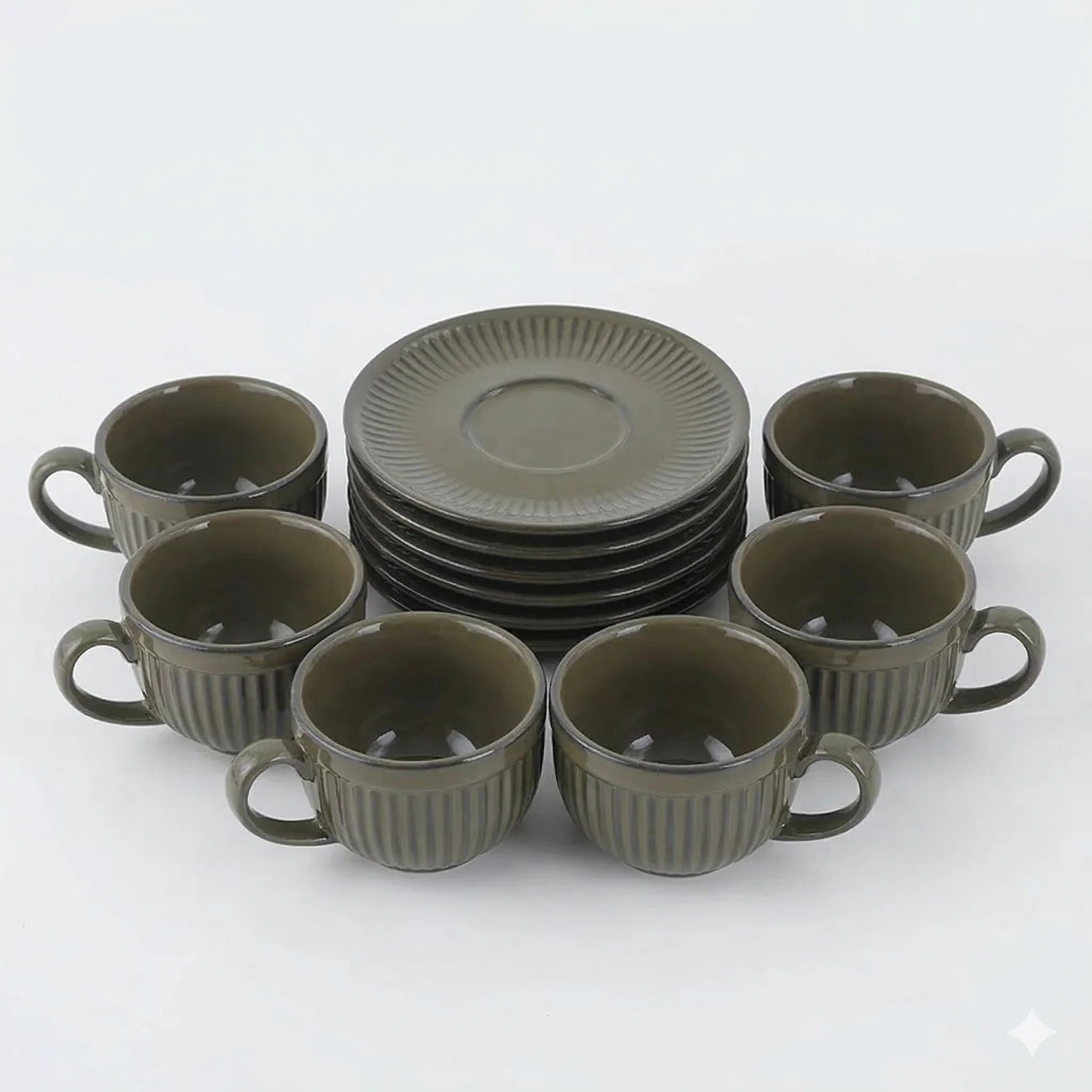 Ceramic Espresso Cups and Saucers Set of 6, Vintage Stripe in Green