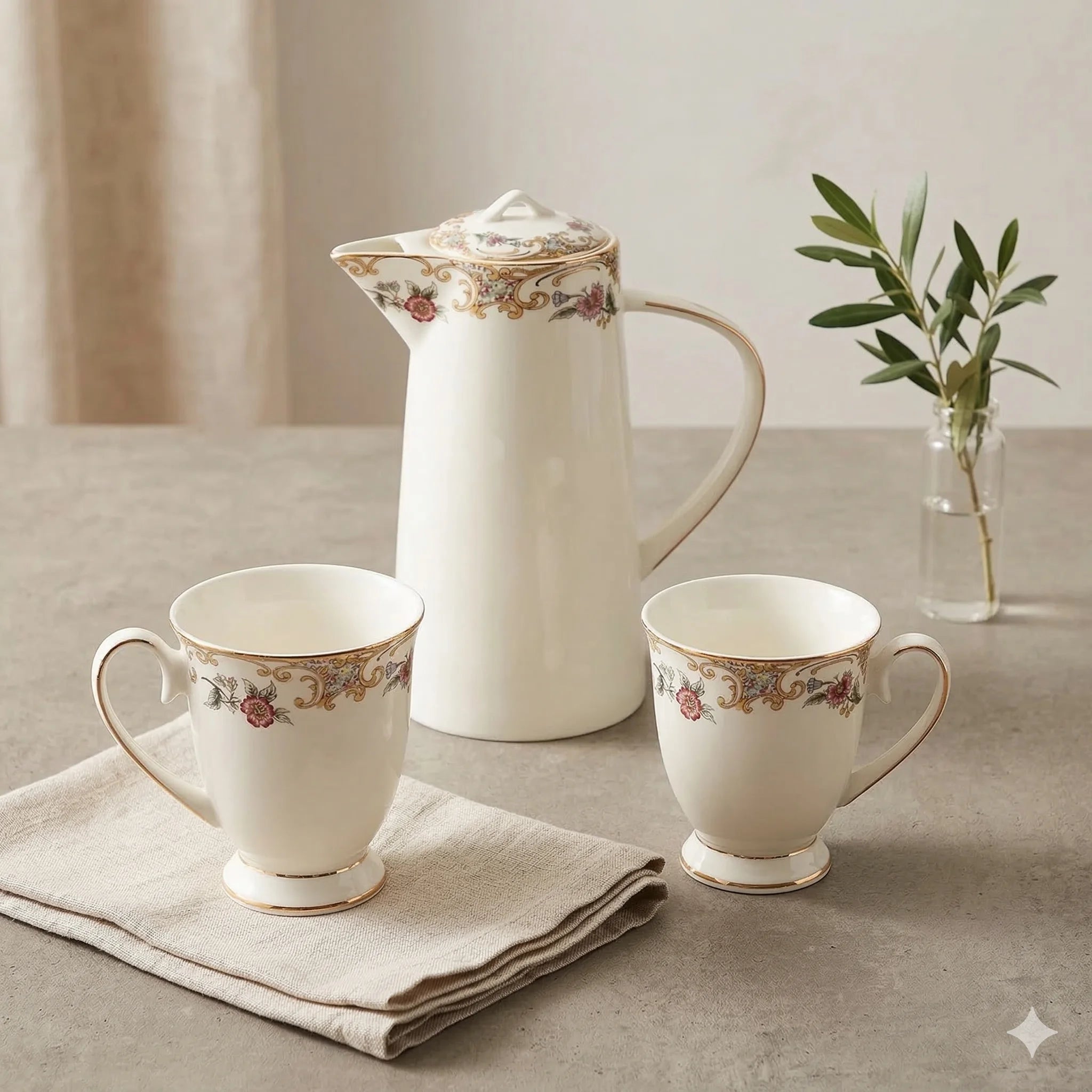 Bone China Tea Set with Teapot, 8 Cups, Saucers and Stand