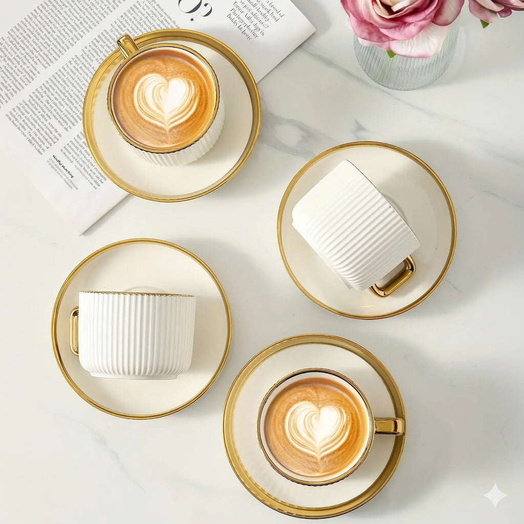 Ribbed Ceramic Coffee Cup and Saucer, Gold Rim, 300 ml, view 5