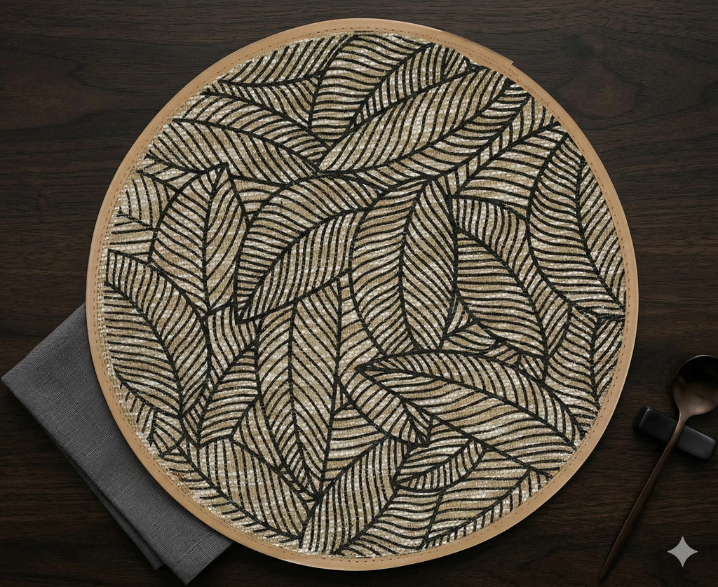 Round Linen Table Mats, Bohemian Leaf Print, Set of 6, view 3
