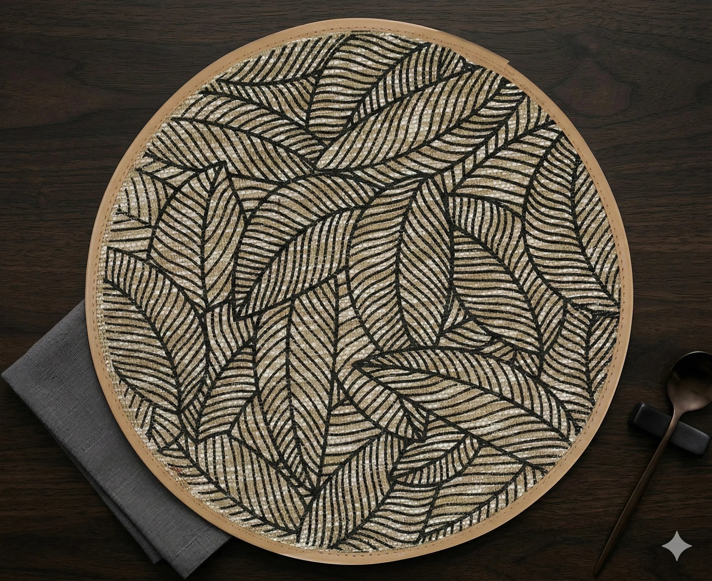 Round Linen Table Mats, Bohemian Leaf Print, Set of 6, view 3