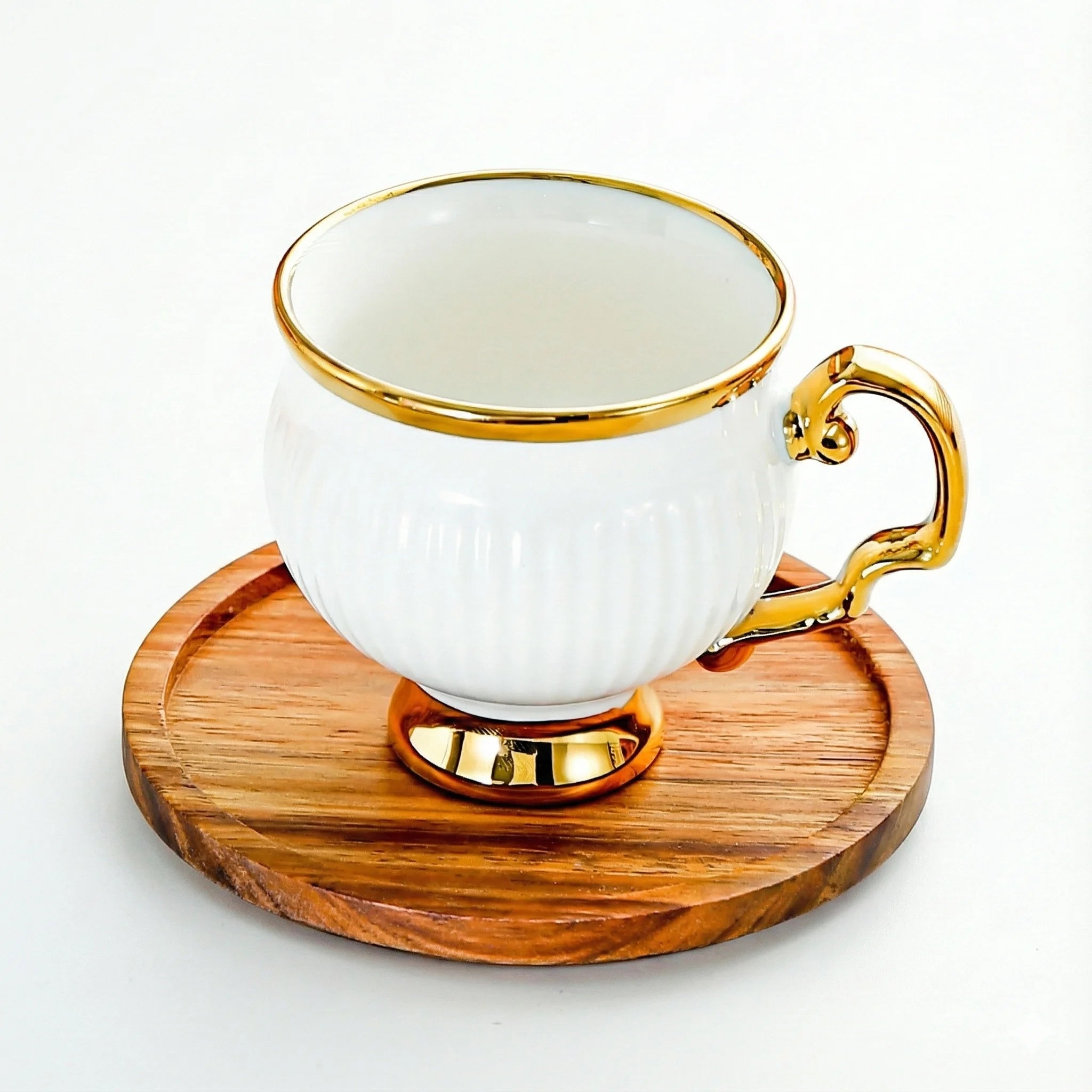 Ceramic Espresso Cups with Wooden Saucers 6 Cups 6 Saucers