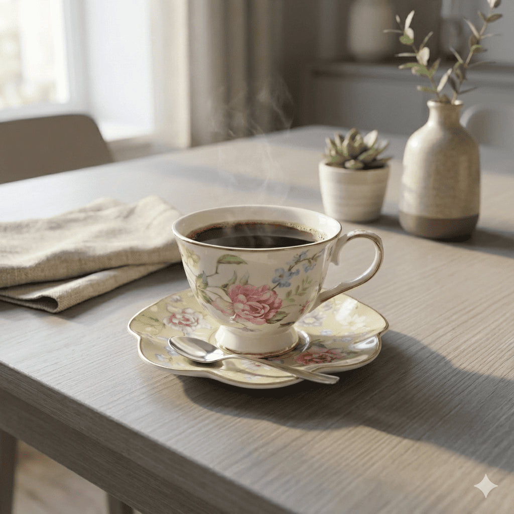 Floral Ceramic Espresso Cups and Saucers Set of 6, Gold Rim, 90 ml, view 4