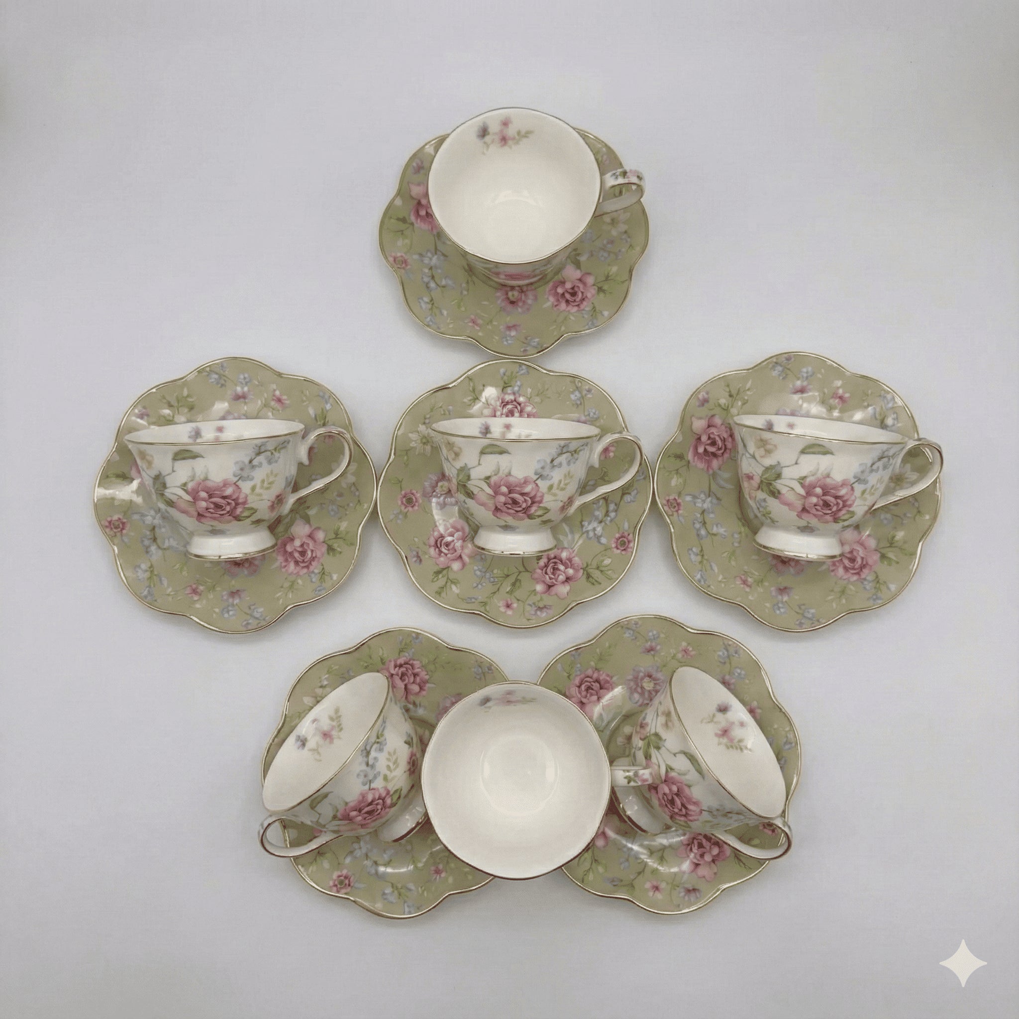Floral Ceramic Espresso Cups and Saucers Set of 6, Gold Rim, 90 ml, view 5