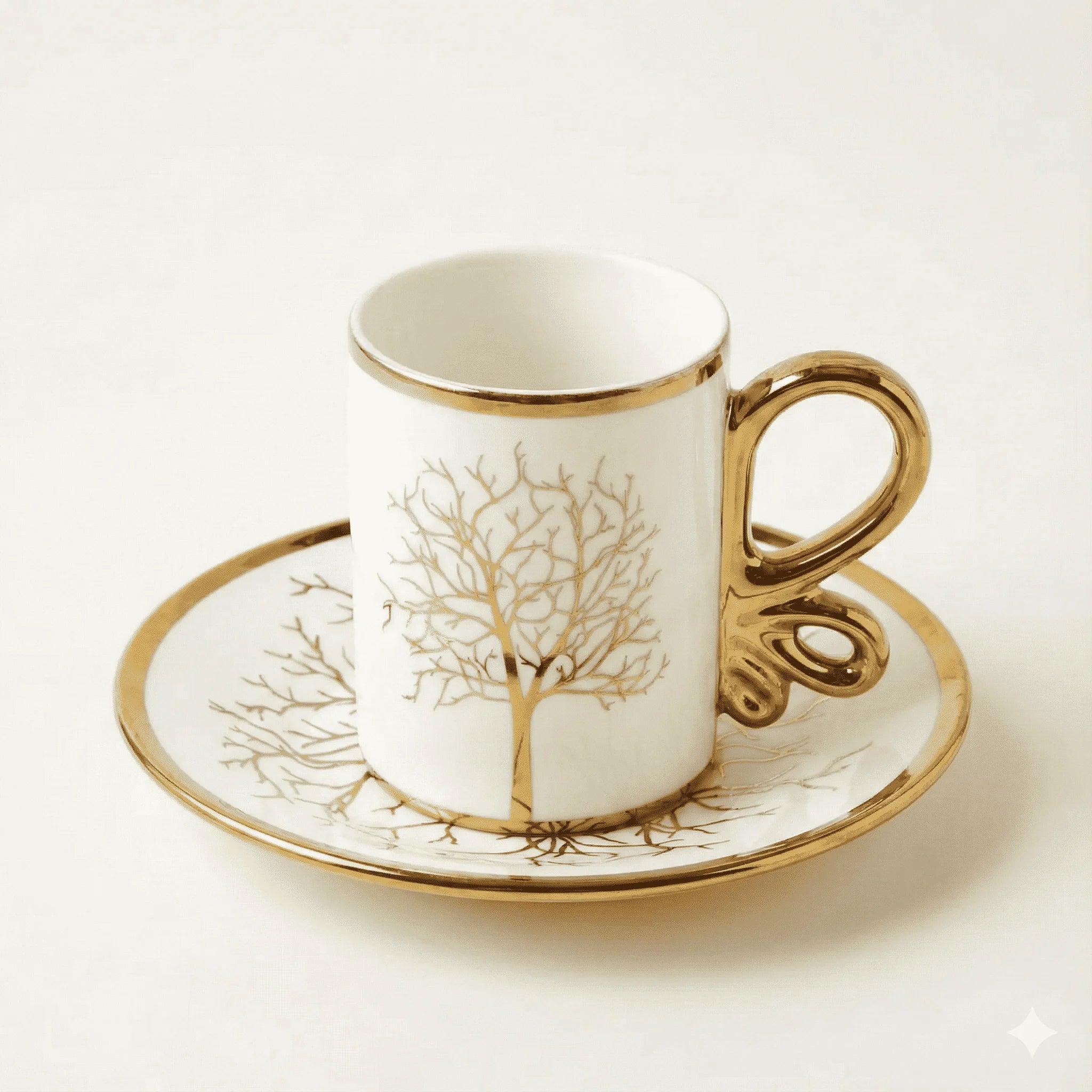 White Ceramic Coffee Cups and Saucers Set of 6, Gold Detail, 200 ml