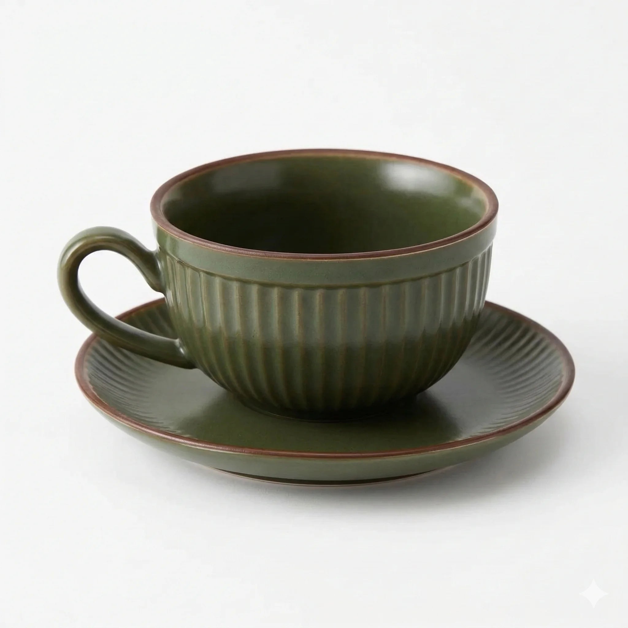 Ceramic Latte Cup and Saucer Set, Ribbed Design, 300 ml in Green