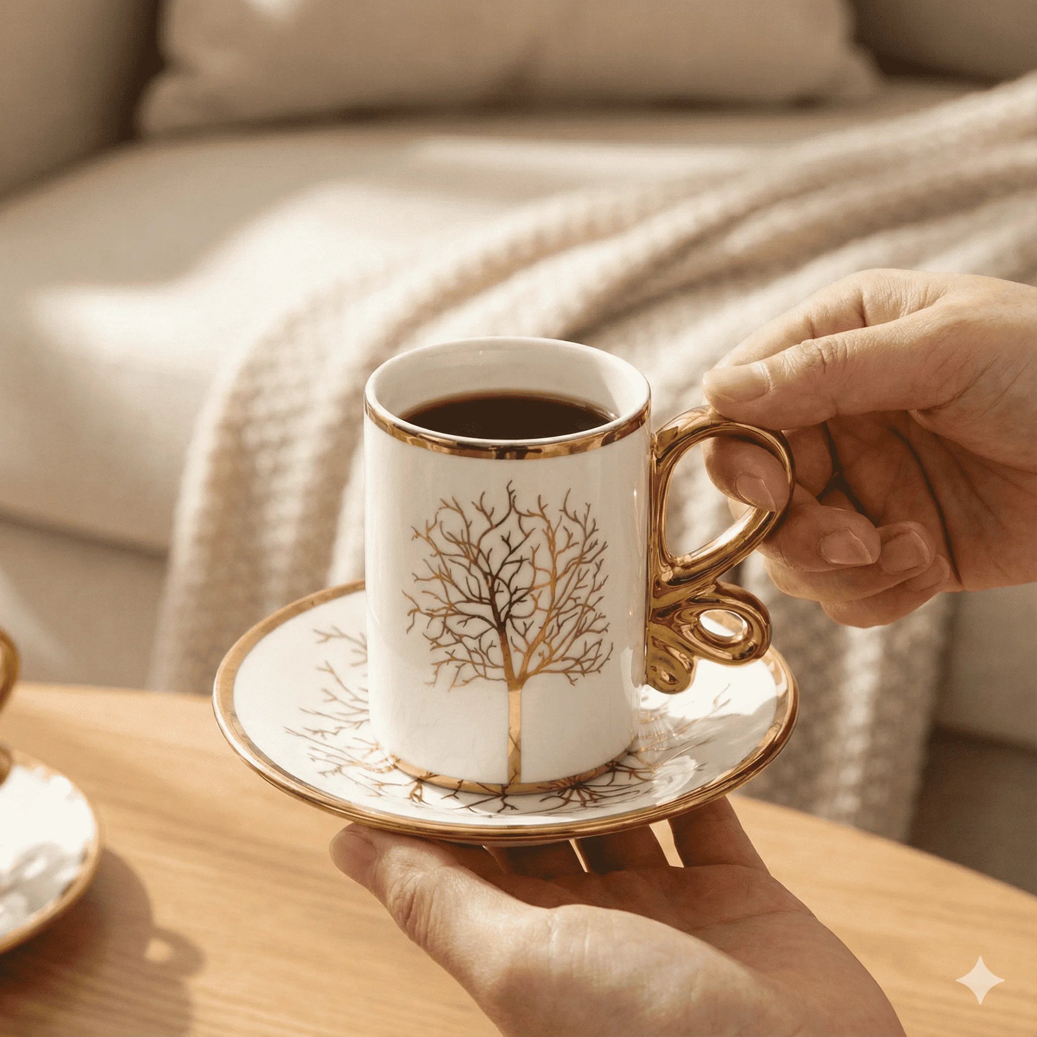 White Ceramic Coffee Cups and Saucers Set of 6, Gold Detail, 200 ml, view 3