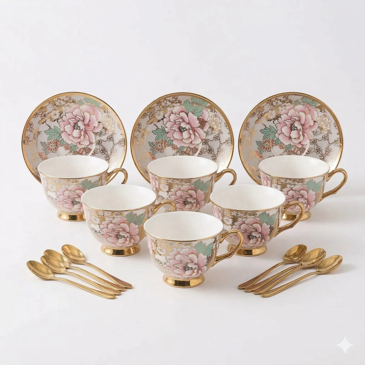 Porcelain Coffee Cups Saucers and Spoons Set of 6