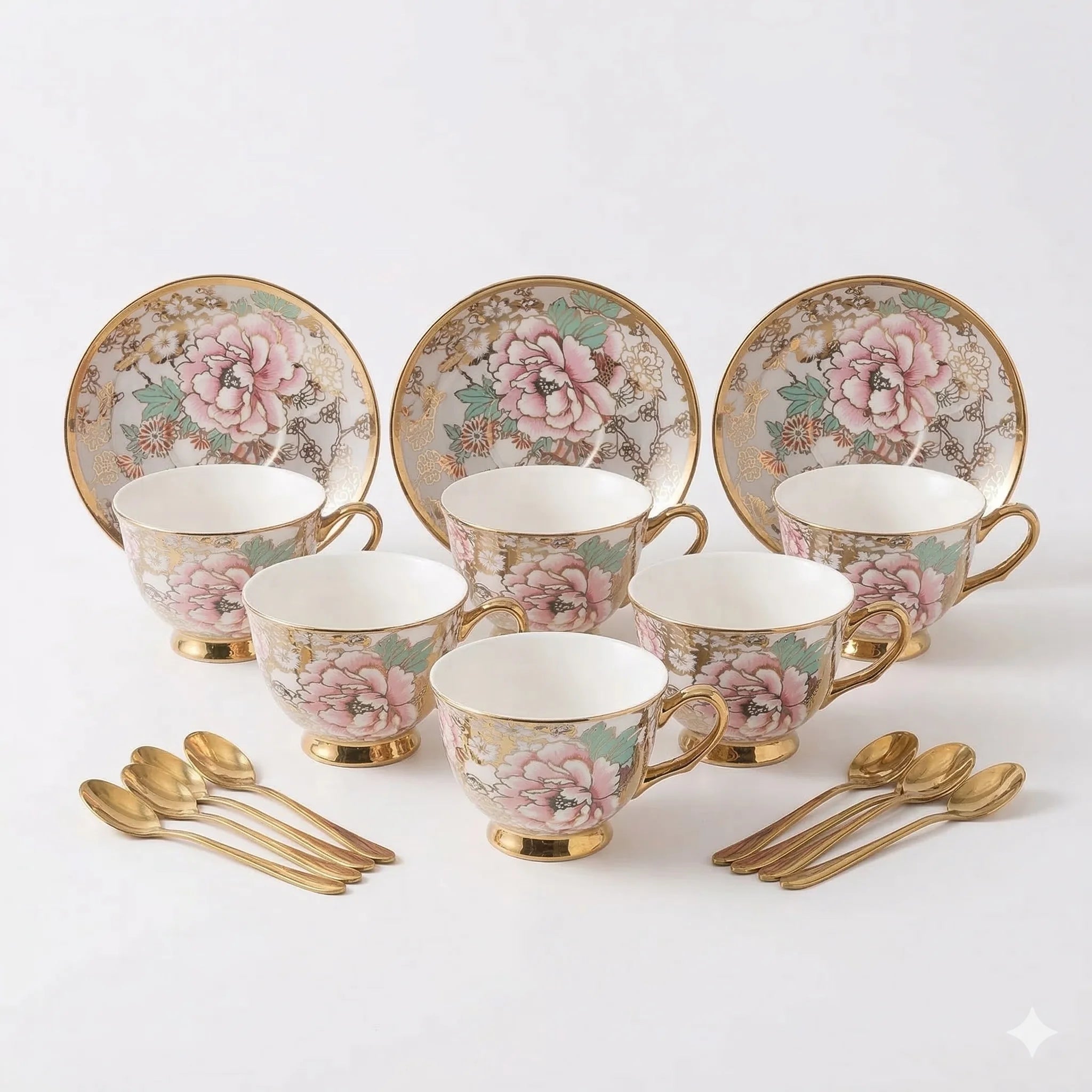 Porcelain Coffee Cups, Saucers and Spoons Set of 6, Floral Gold in Flower