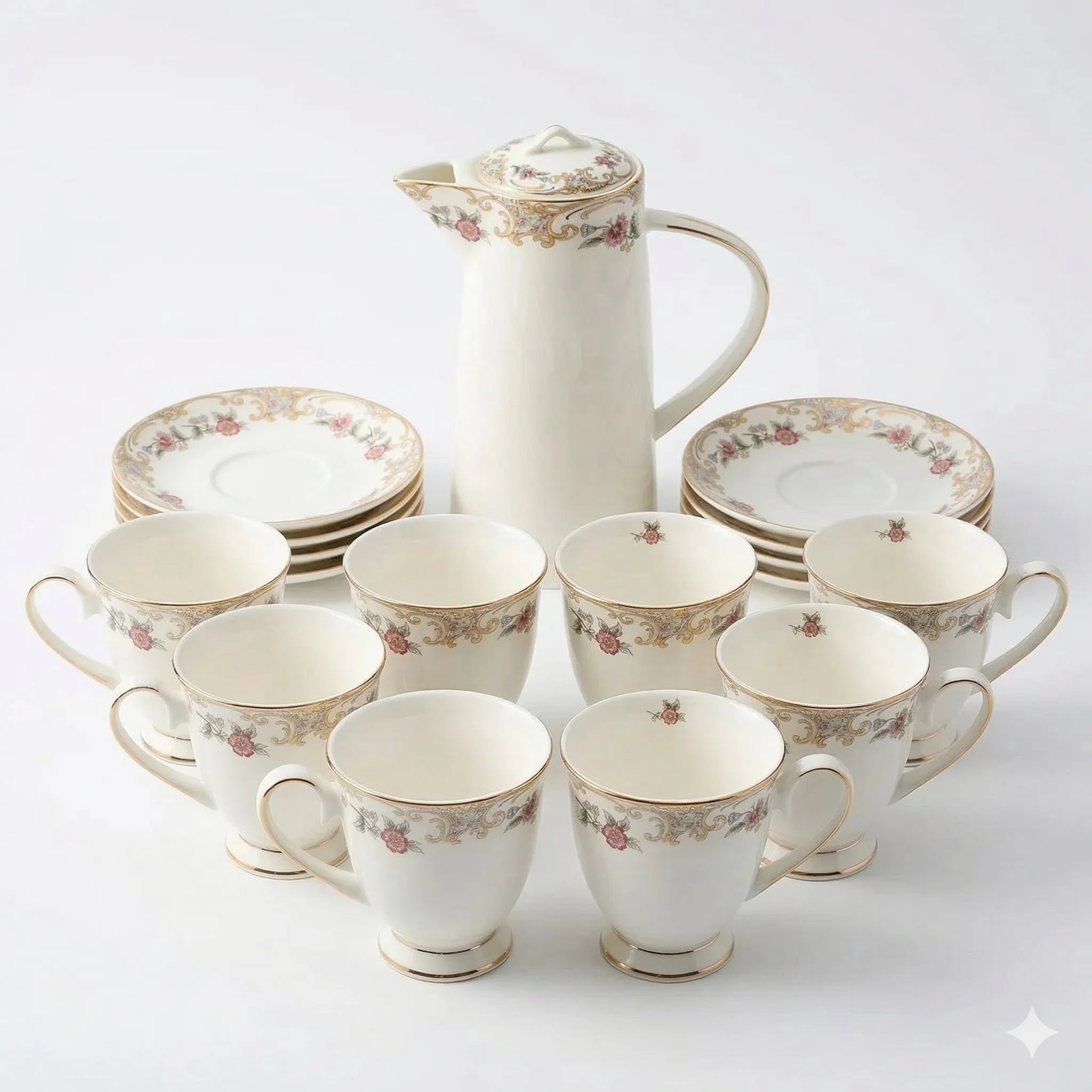 Bone China Tea Set with Teapot, 8 Cups, Saucers and Stand in White