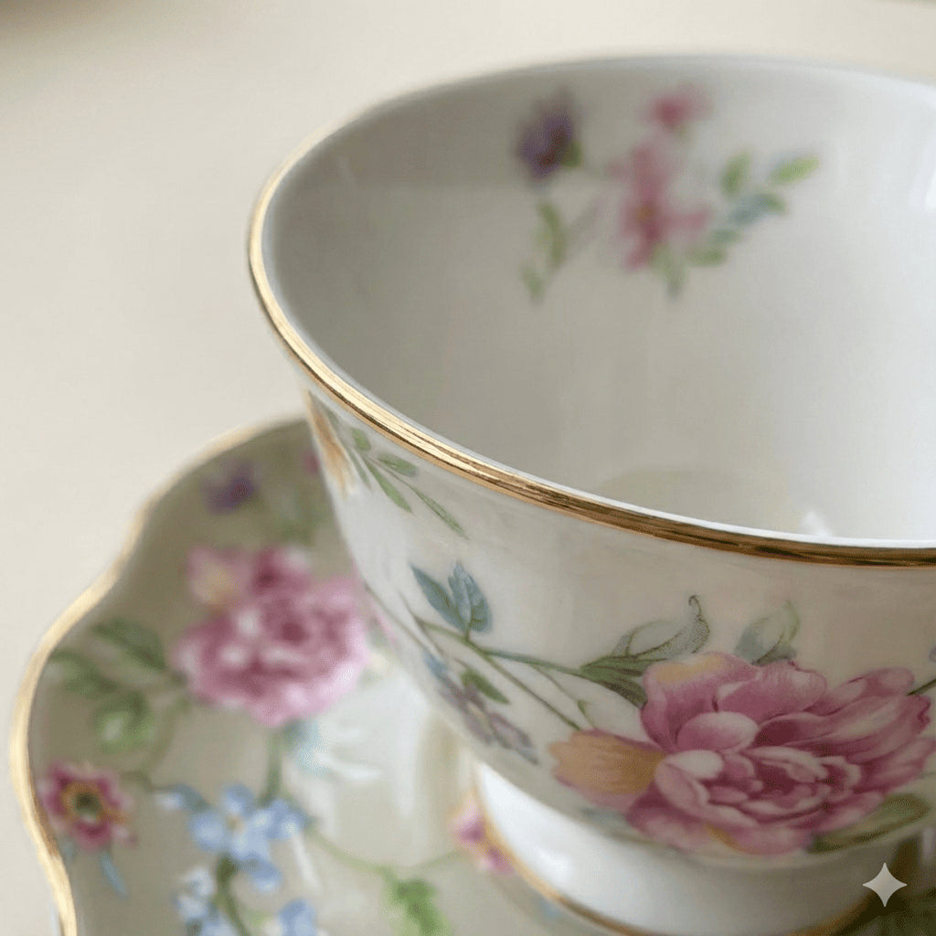 Floral Ceramic Espresso Cups and Saucers Set of 6, Gold Rim, 90 ml, view 2