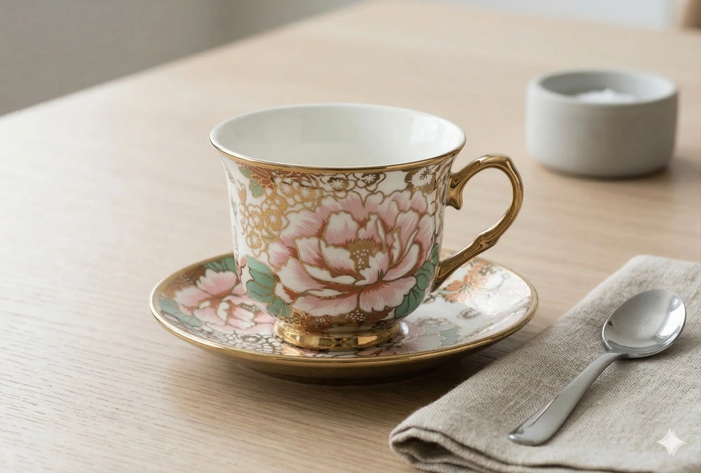 Porcelain Coffee Cups, Saucers and Spoons Set of 6, Floral Gold, view 2