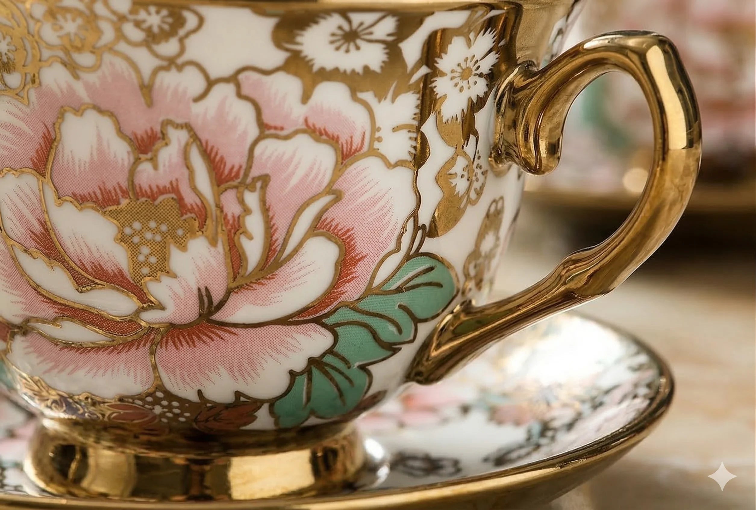 Porcelain Coffee Cups, Saucers and Spoons Set of 6, Floral Gold, view 3