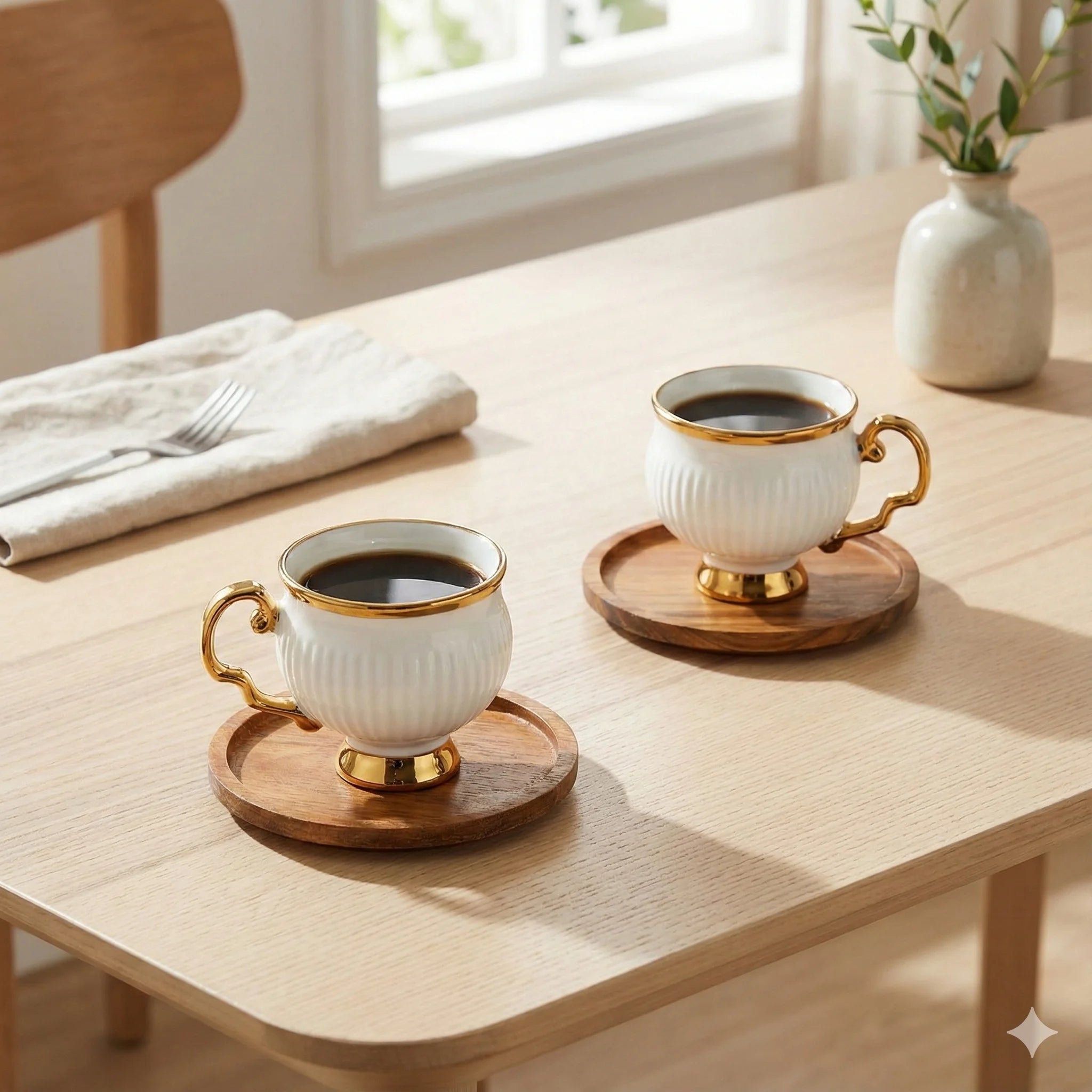 Ceramic Espresso Cups with Wooden Saucers Set of 6, 100 ml, view 4