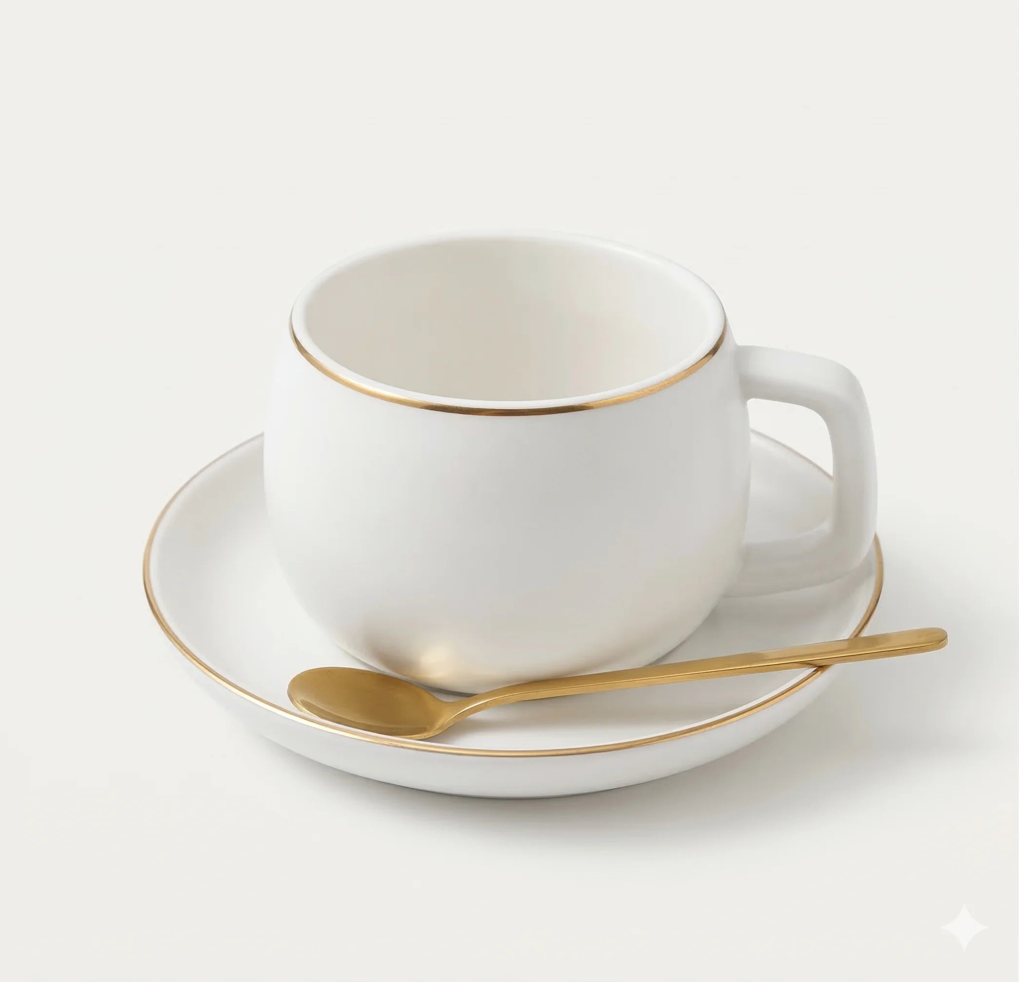 Porcelain Coffee Cup, Saucer and Spoon Set, Matte Gold Rim in White