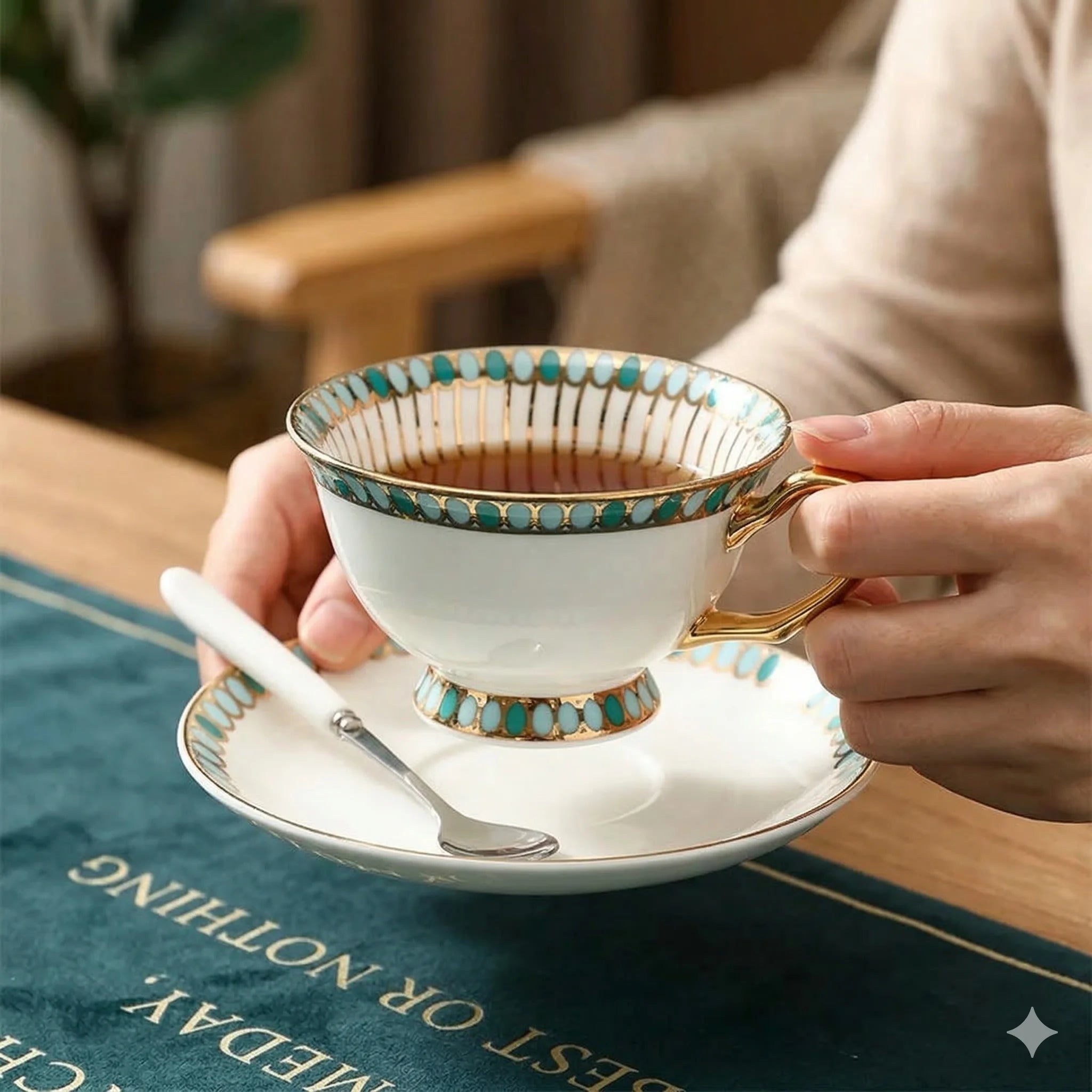 Bone China Coffee Cups Set for 2, With Spoons and Stand