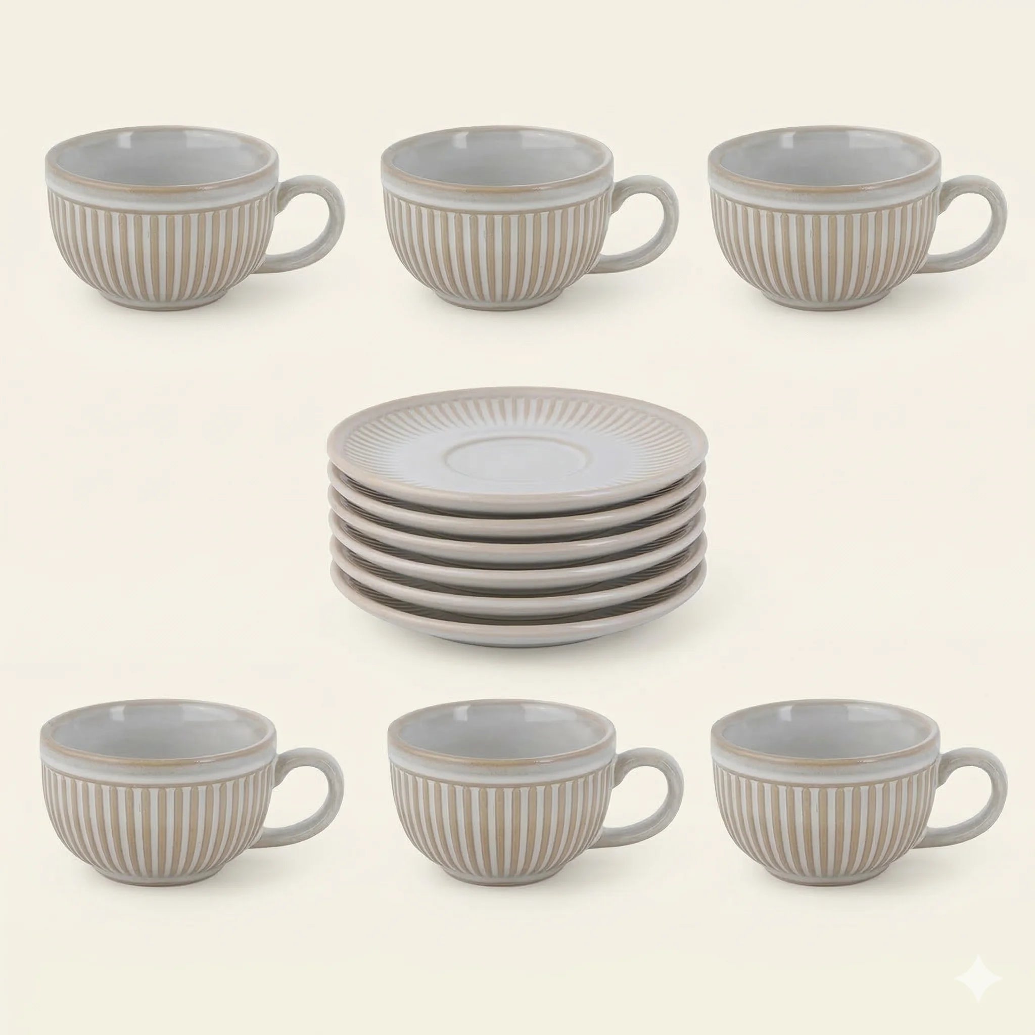 Ceramic Espresso Cups and Saucers Set of 6, Vintage Stripe in White