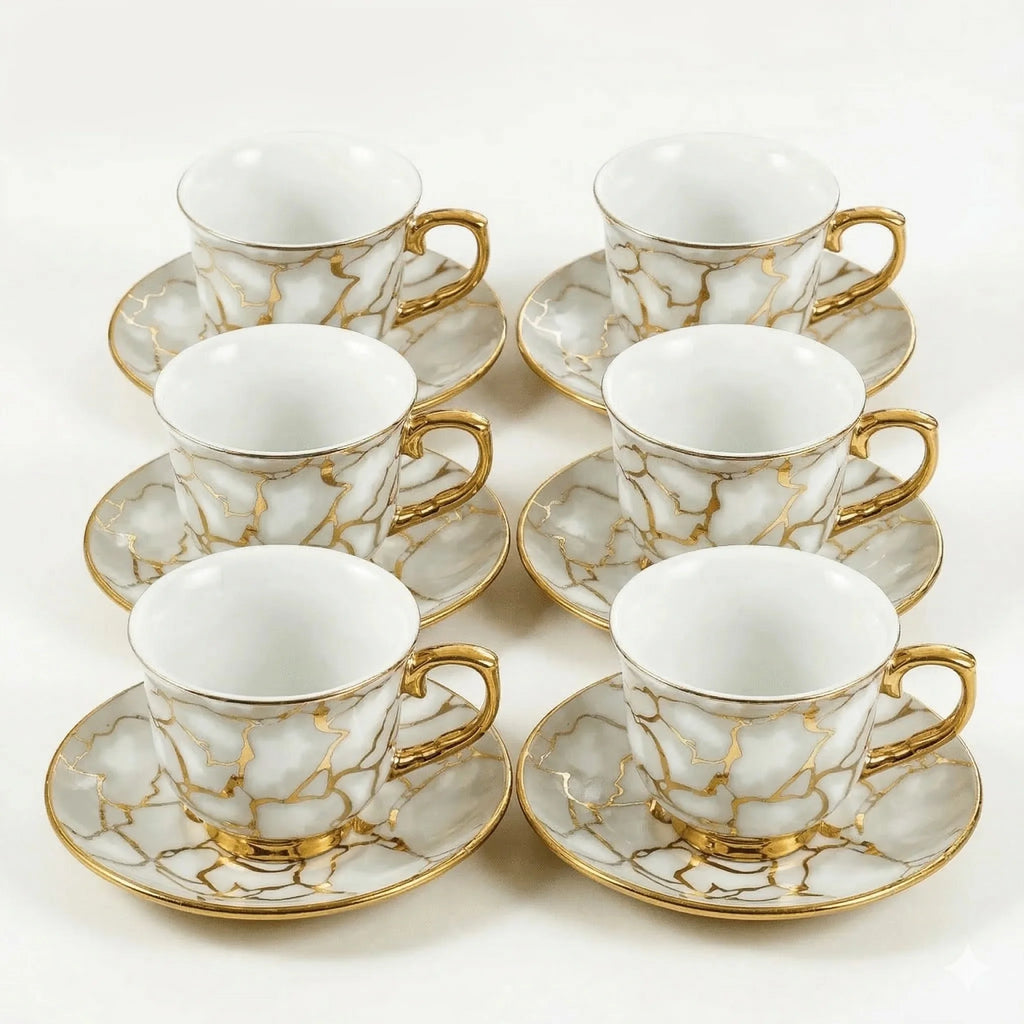 Ceramic Espresso Cups and Saucers Set of 6, Gold Detail, 100 ml in Gold