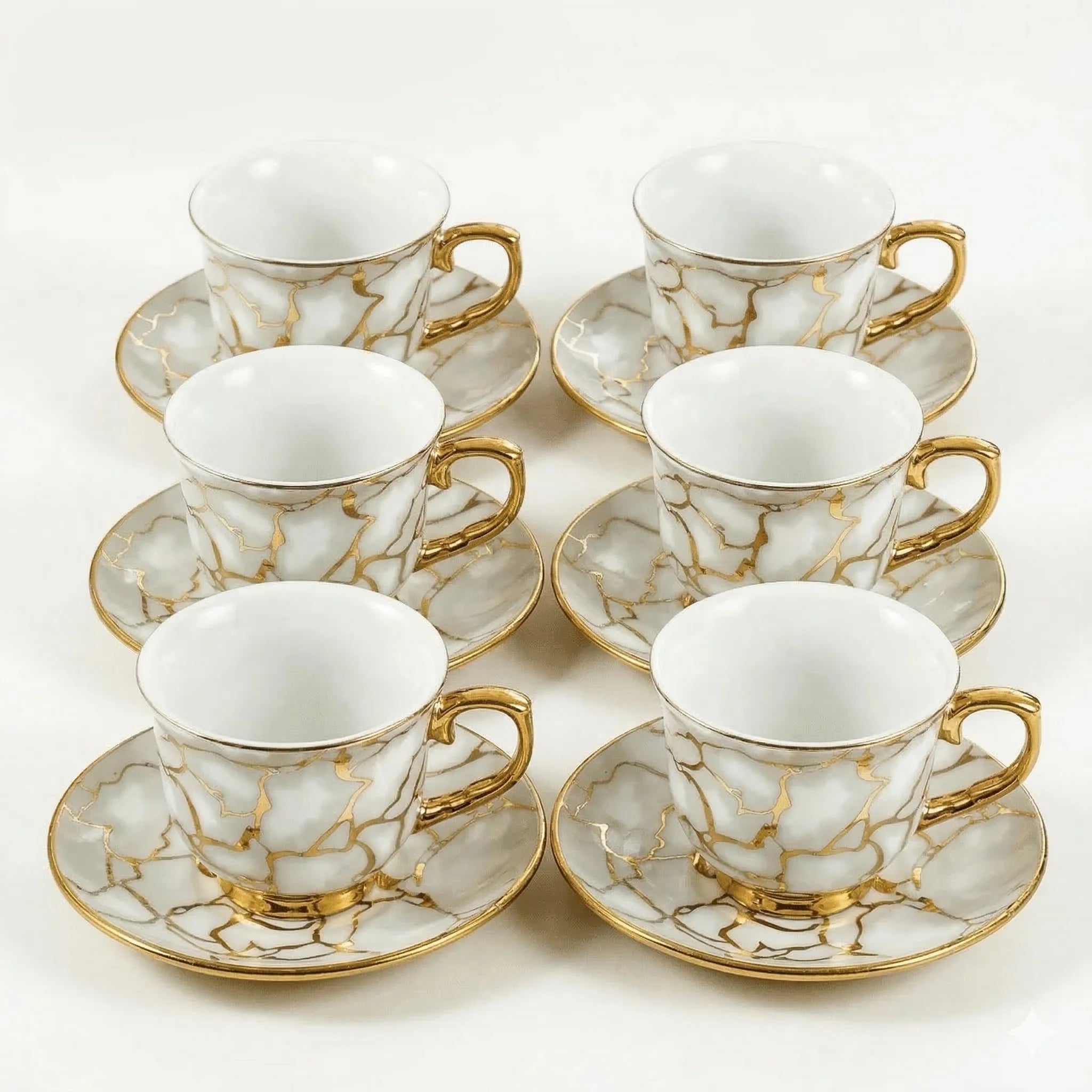 Ceramic Espresso Cups and Saucers Set of 6, Gold Detail, 100 ml in Gold